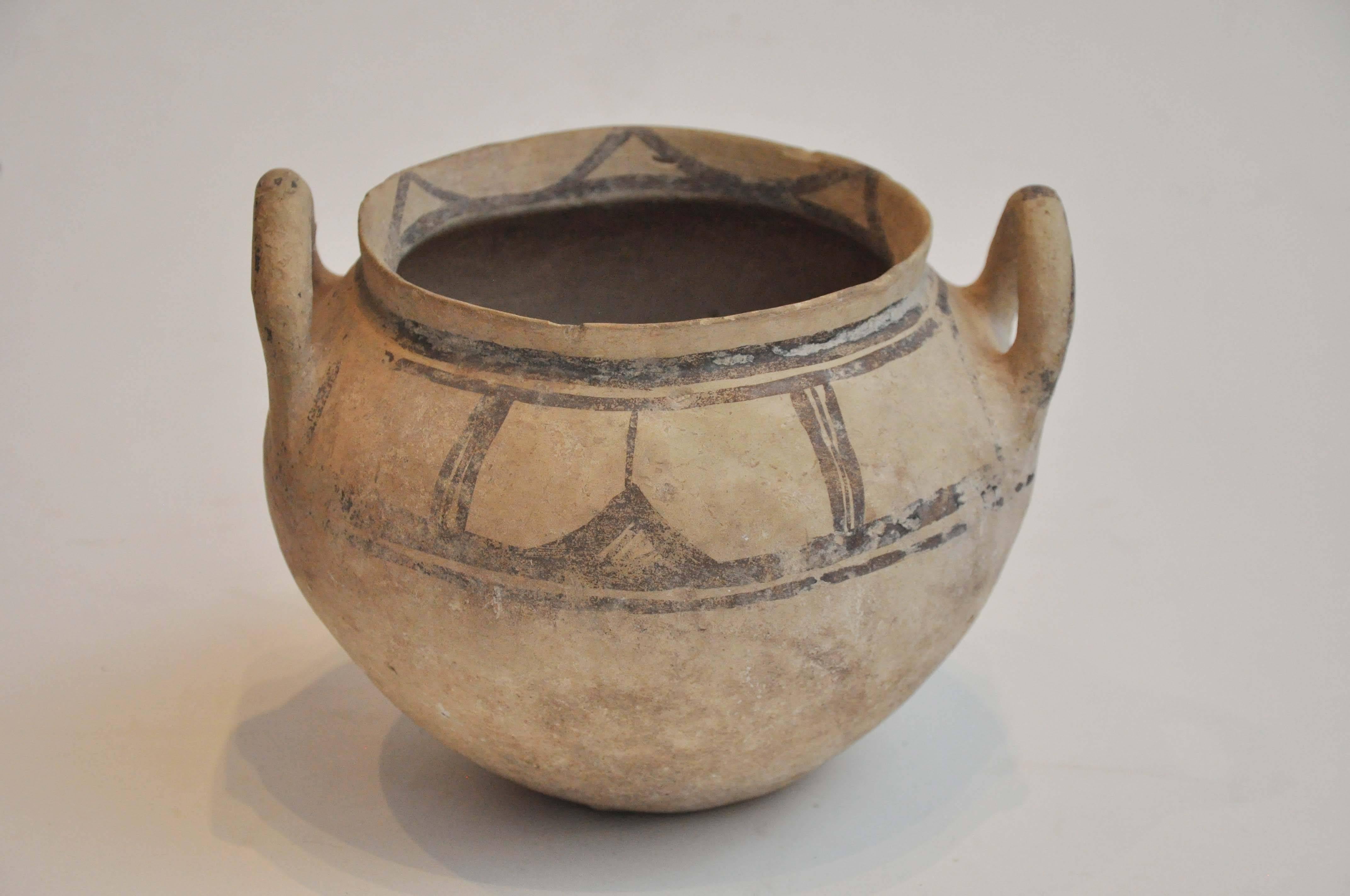 19th century clay vessel with two handles, beautiful hand-painted detailing. Found in Germany but origin is unknown. 
Appears to resemble pre columbian pottery but we can not verify hence, the price reflects the beauty and not the