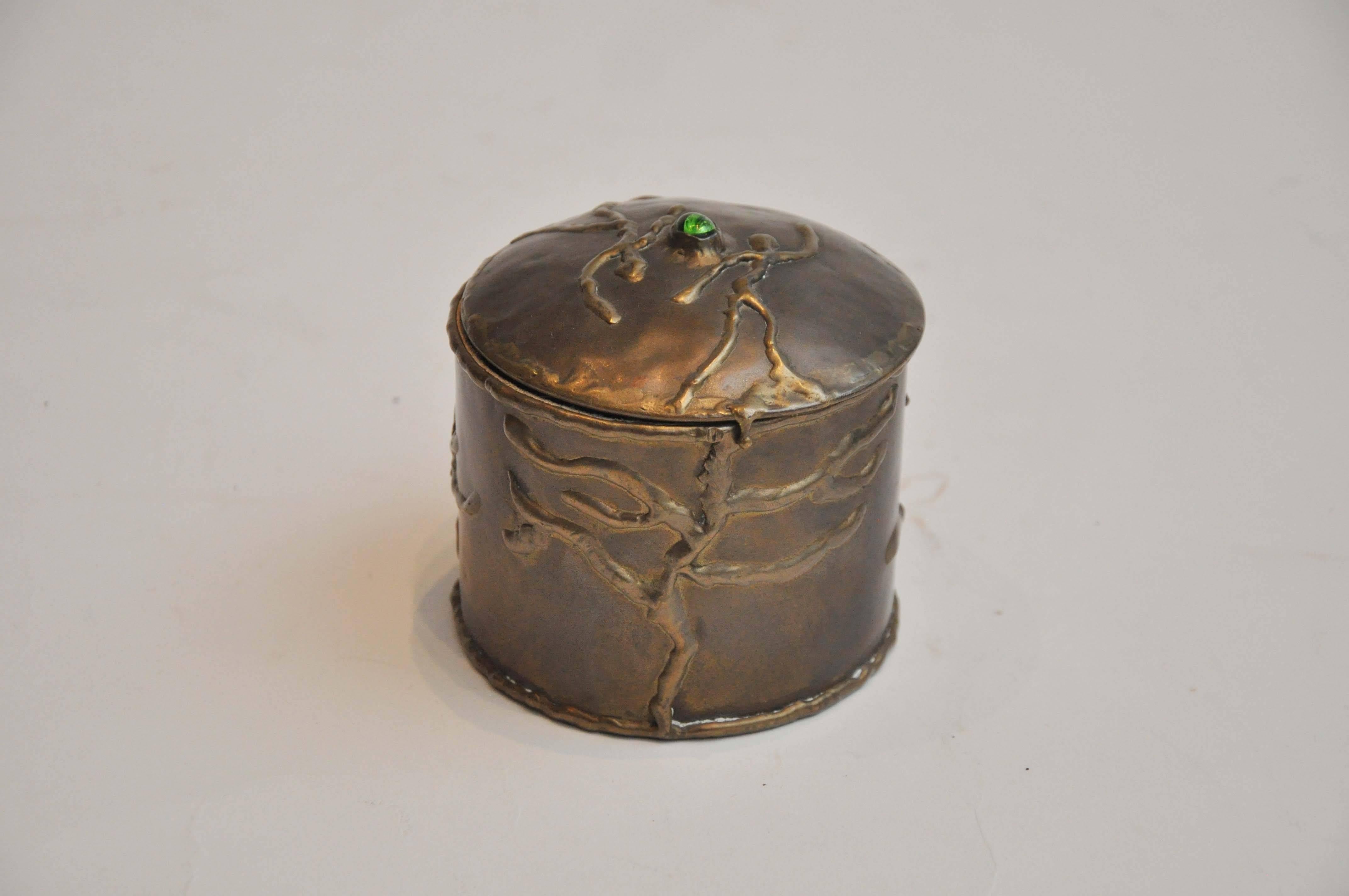 American Early 20th Century Round Brass Box with Cabochon Stone by Artist R Cervantes