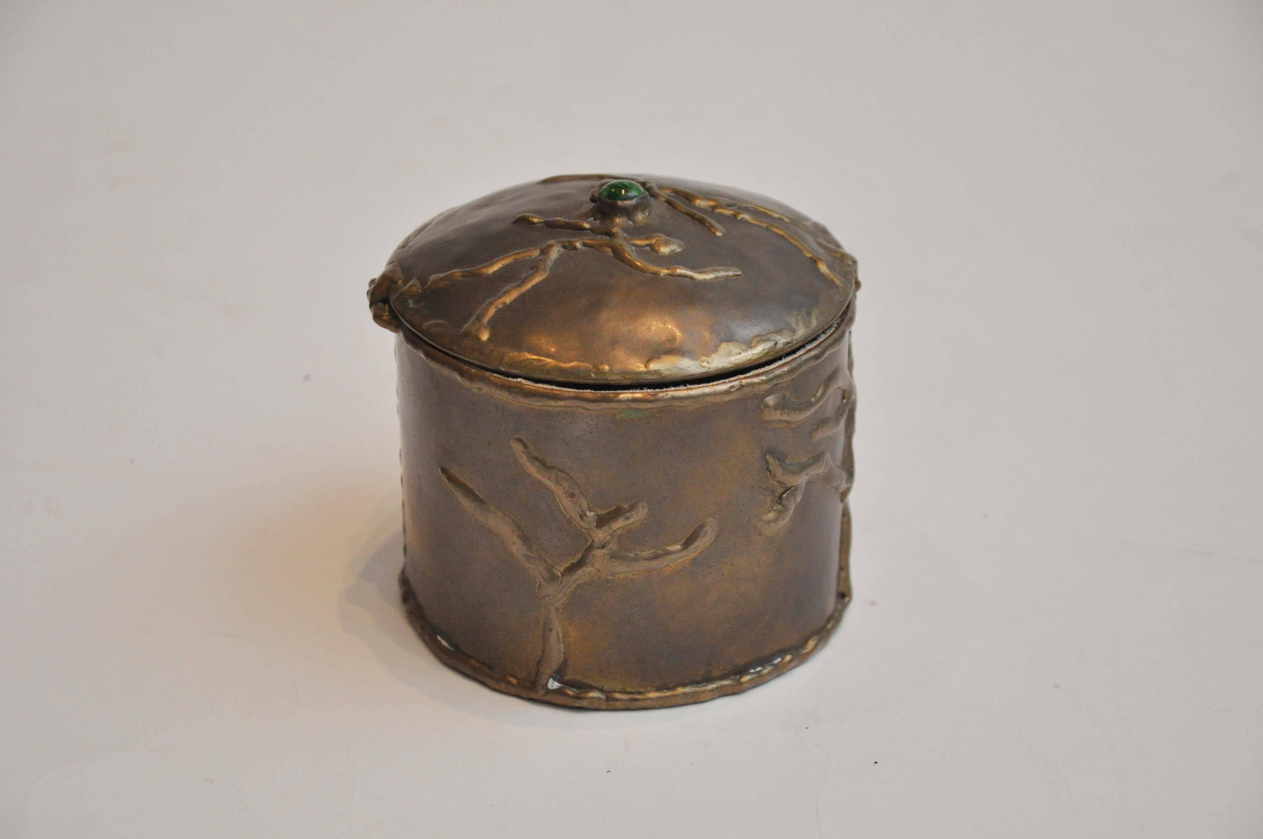 Early 20th Century Round Brass Box with Cabochon Stone by Artist R Cervantes  In Good Condition In Chicago, IL