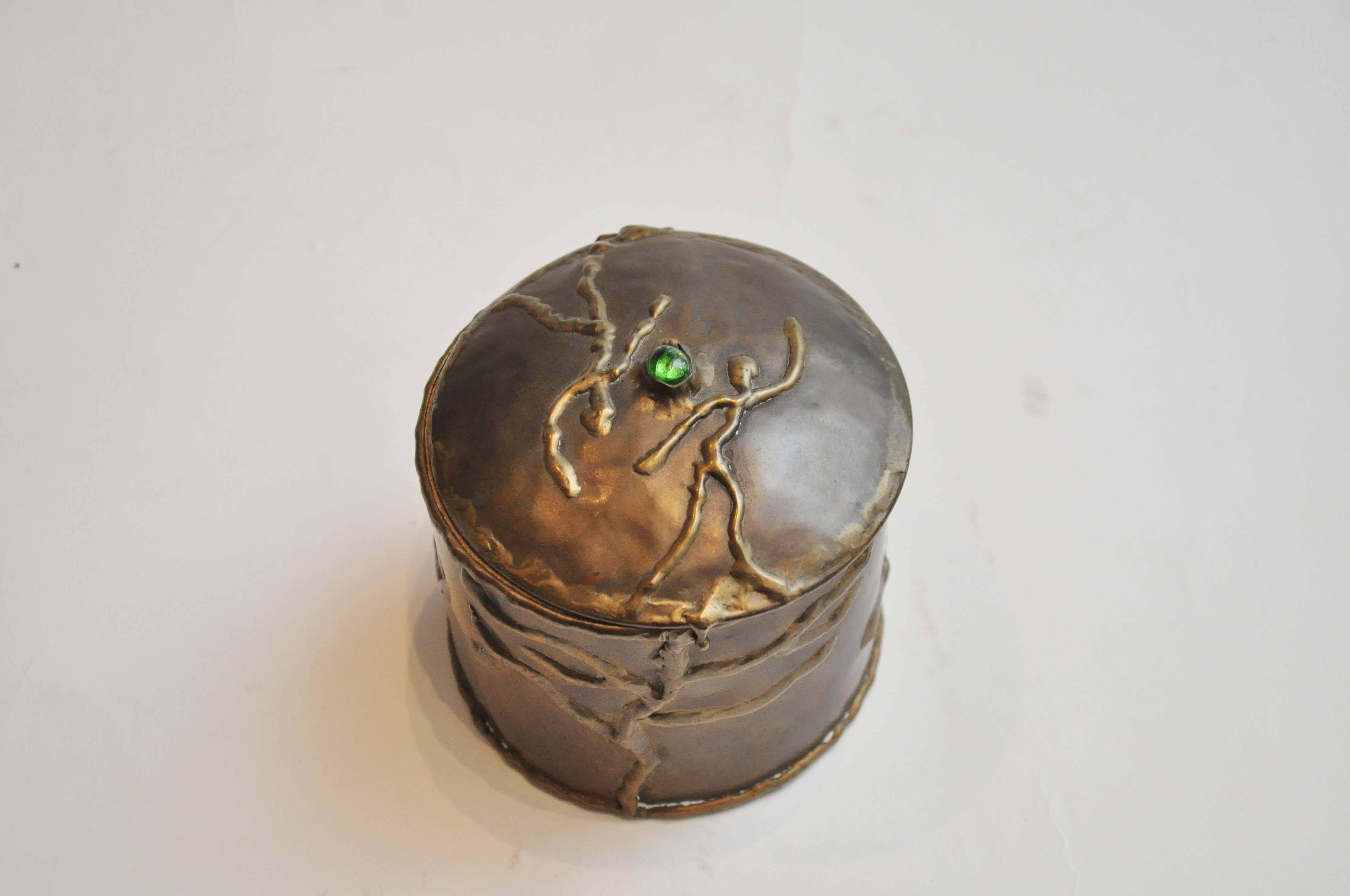 Early 20th Century Round Brass Box with Cabochon Stone by Artist R Cervantes 3