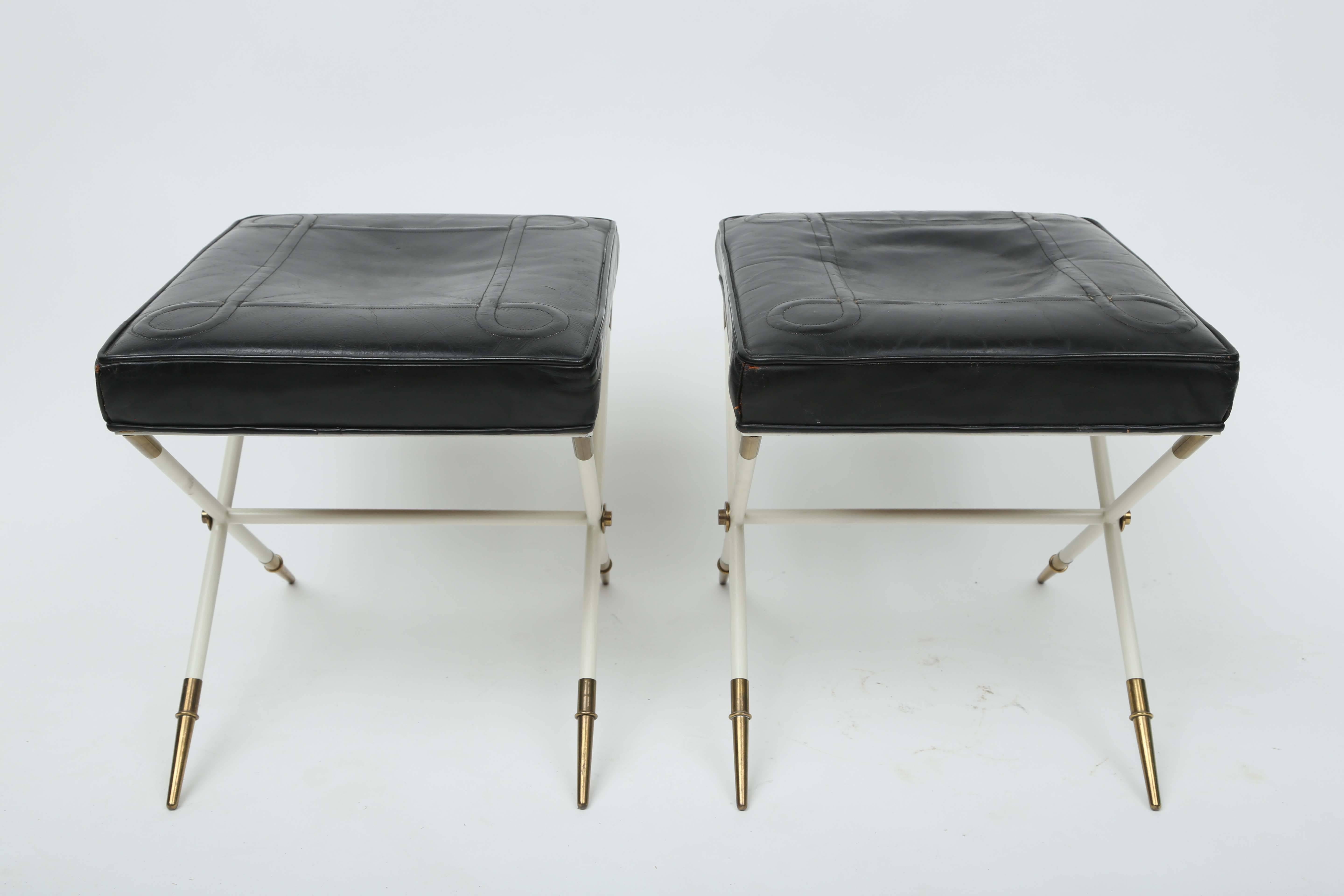 Tommi Parzinger Brass and Embossed Leather Stools For Sale 2