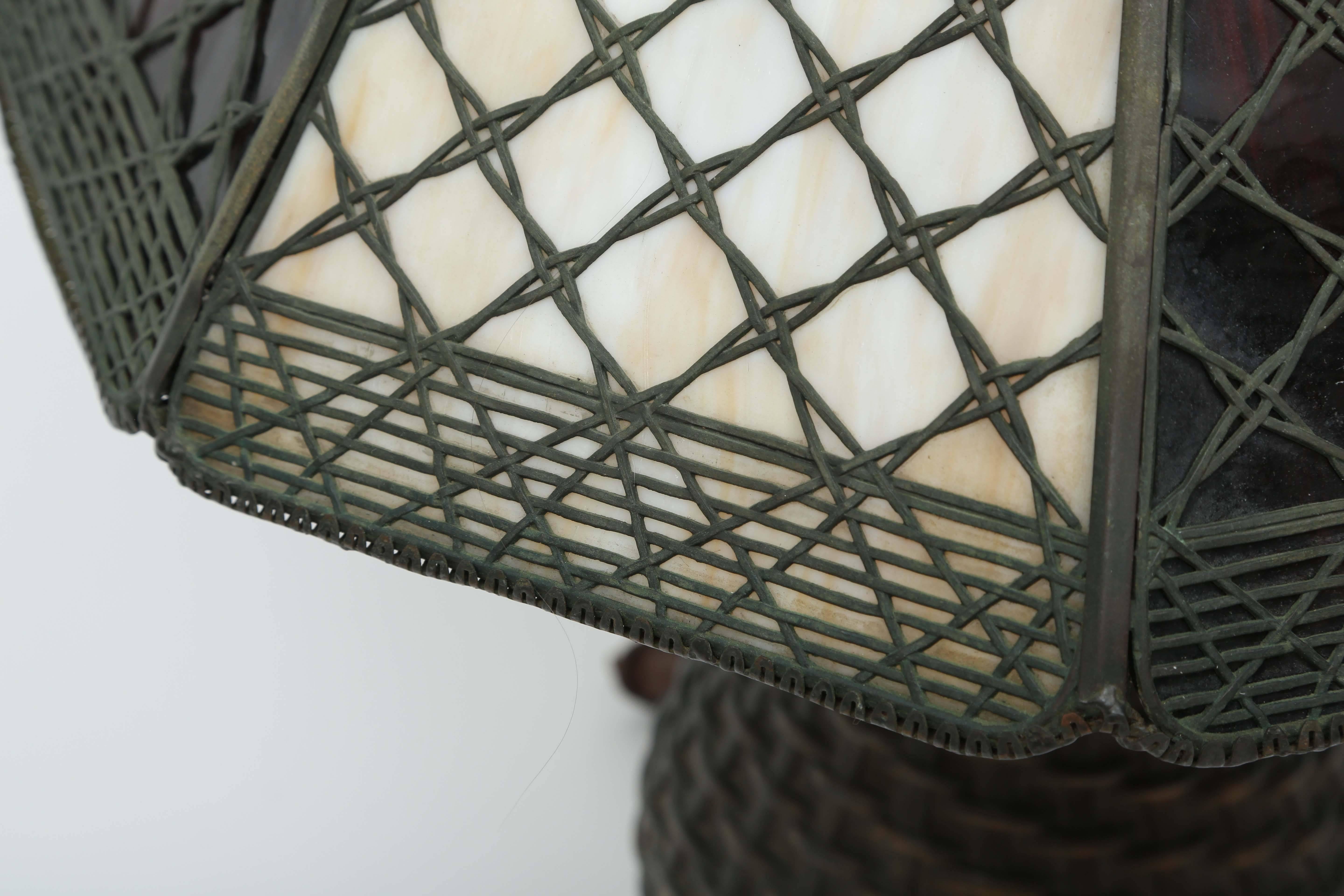 Early 20th Century Handel Basket-Weave Panel Lamp