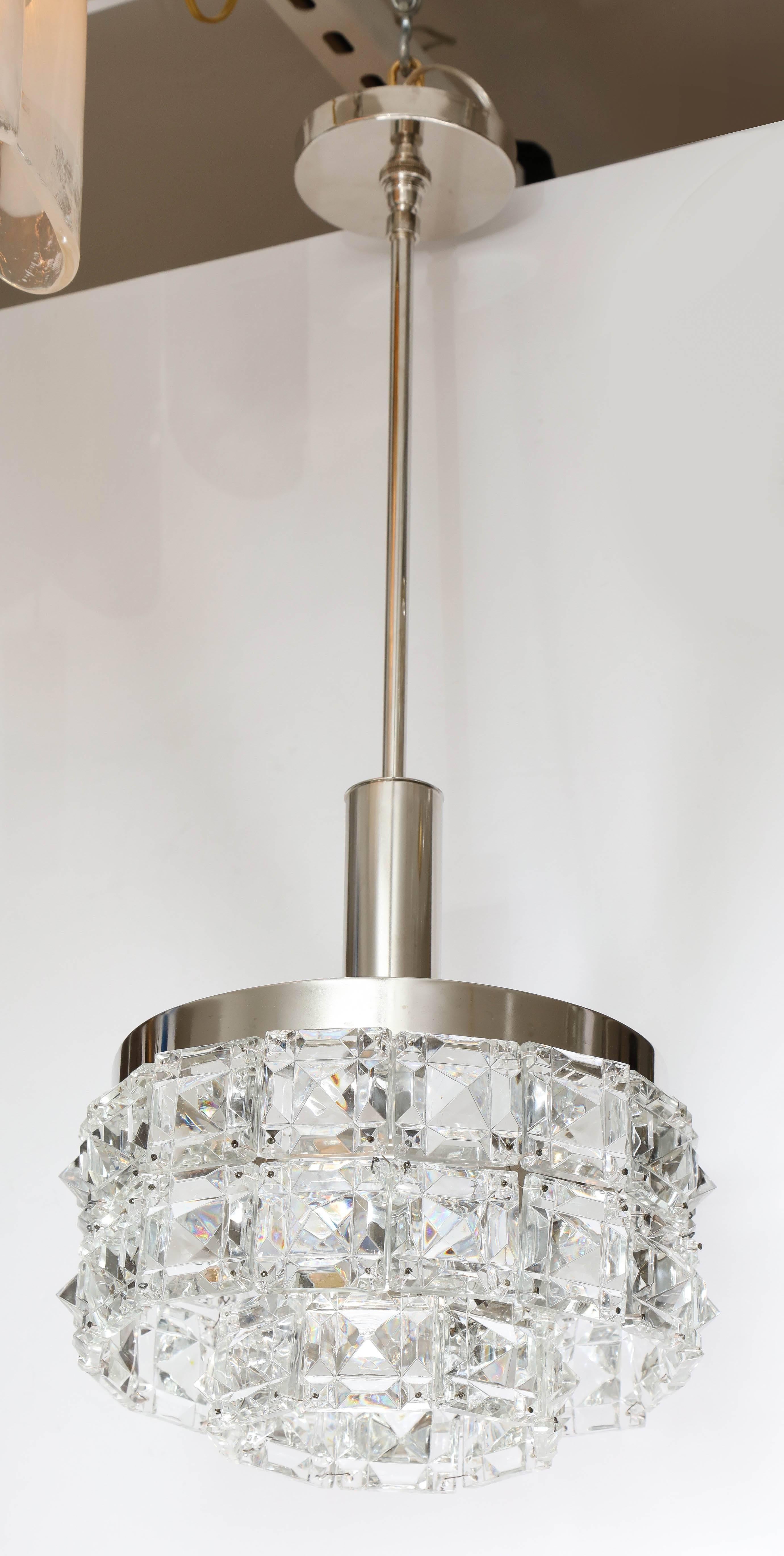 Early Kinkeldey chandelier with deep cut square crystals on a polished nickel stem and canopy. Rewired for use in the USA. Uses one standard bulb. Chandelier body is 7.5 inches tall.