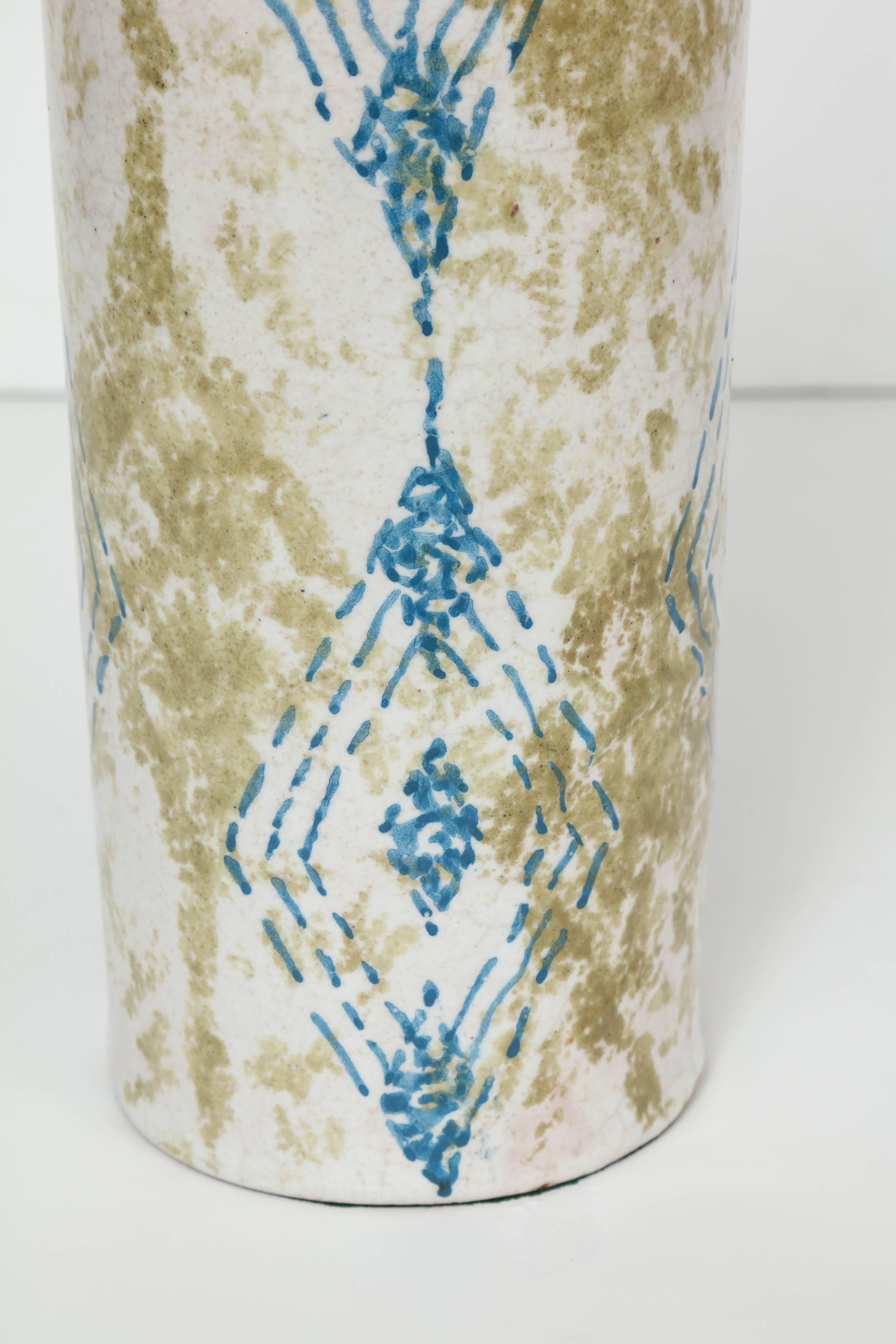 Italian Bitossi Moss Green/Blue Decorated Bone White Ceramic Table Lamps