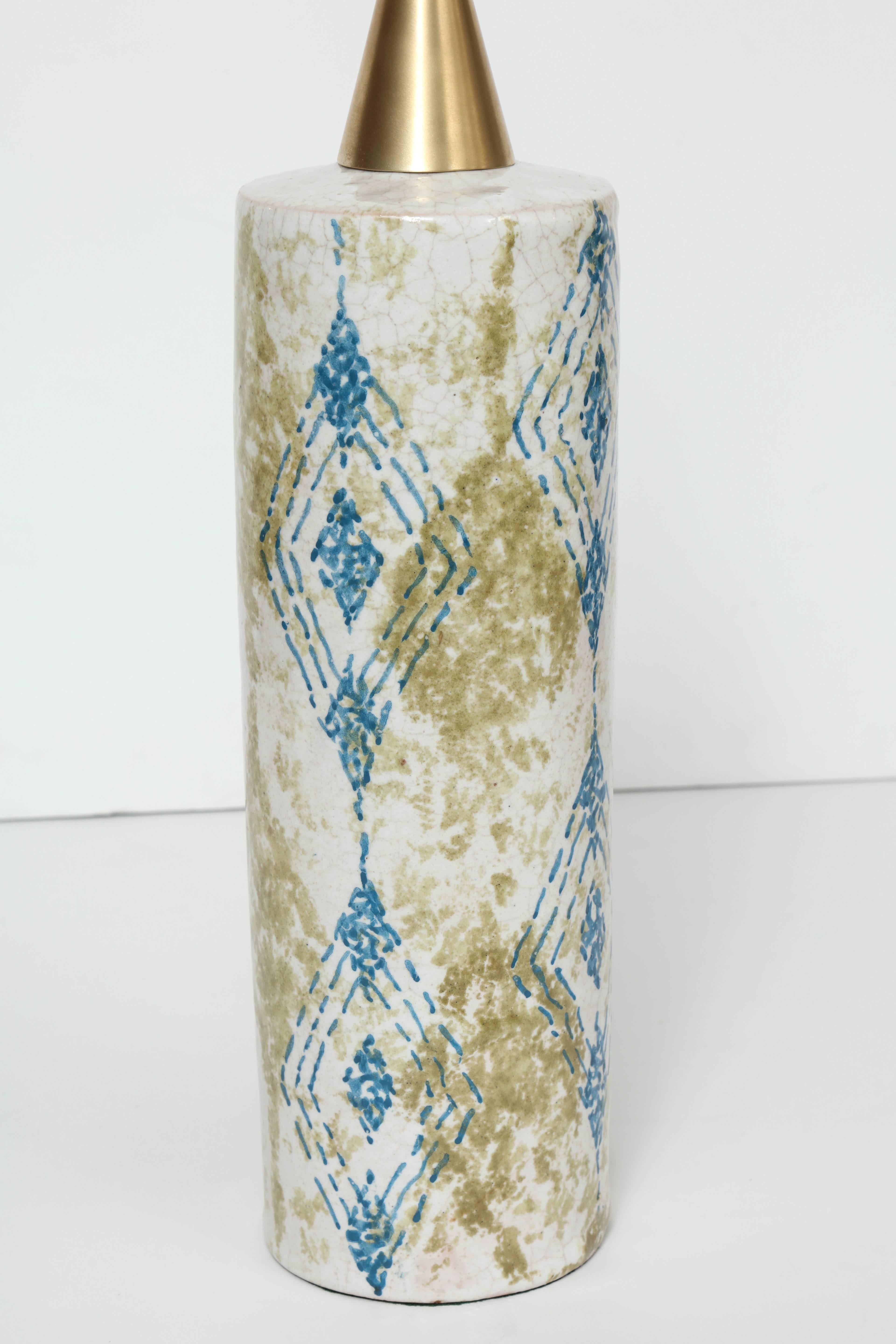 Bitossi Moss Green/Blue Decorated Bone White Ceramic Table Lamps In Excellent Condition In New York, NY