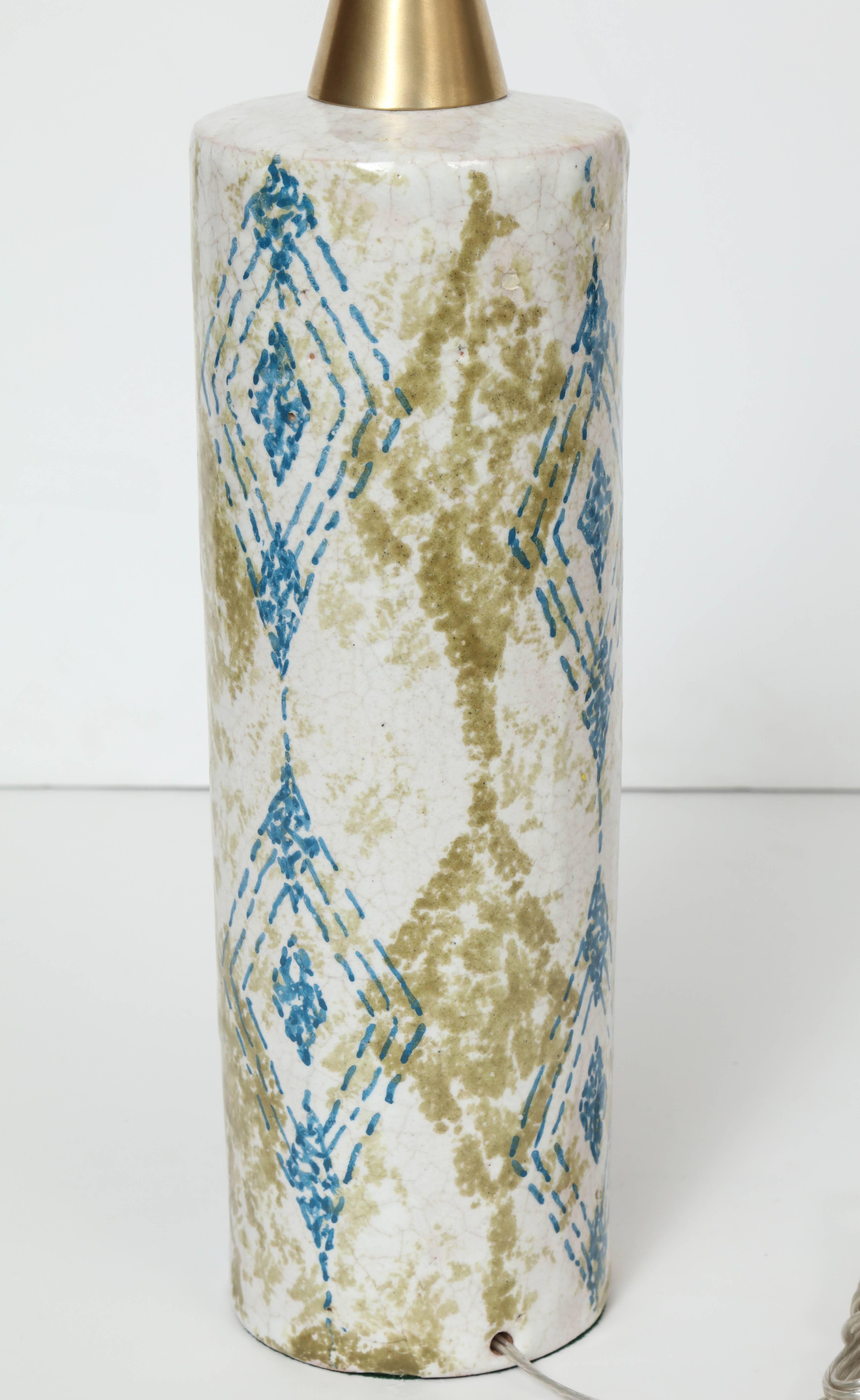 20th Century Bitossi Moss Green/Blue Decorated Bone White Ceramic Table Lamps
