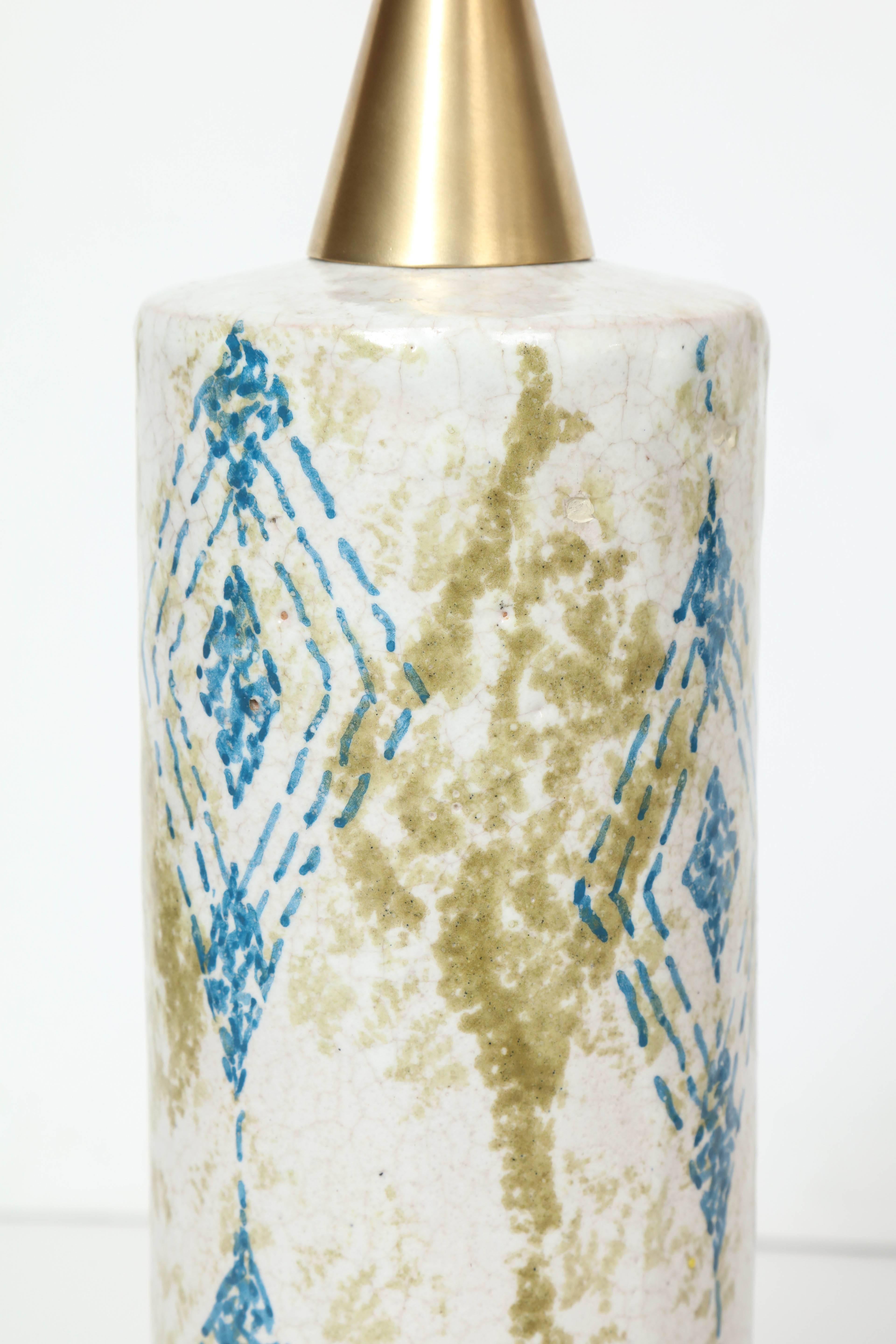 Brass Bitossi Moss Green/Blue Decorated Bone White Ceramic Table Lamps