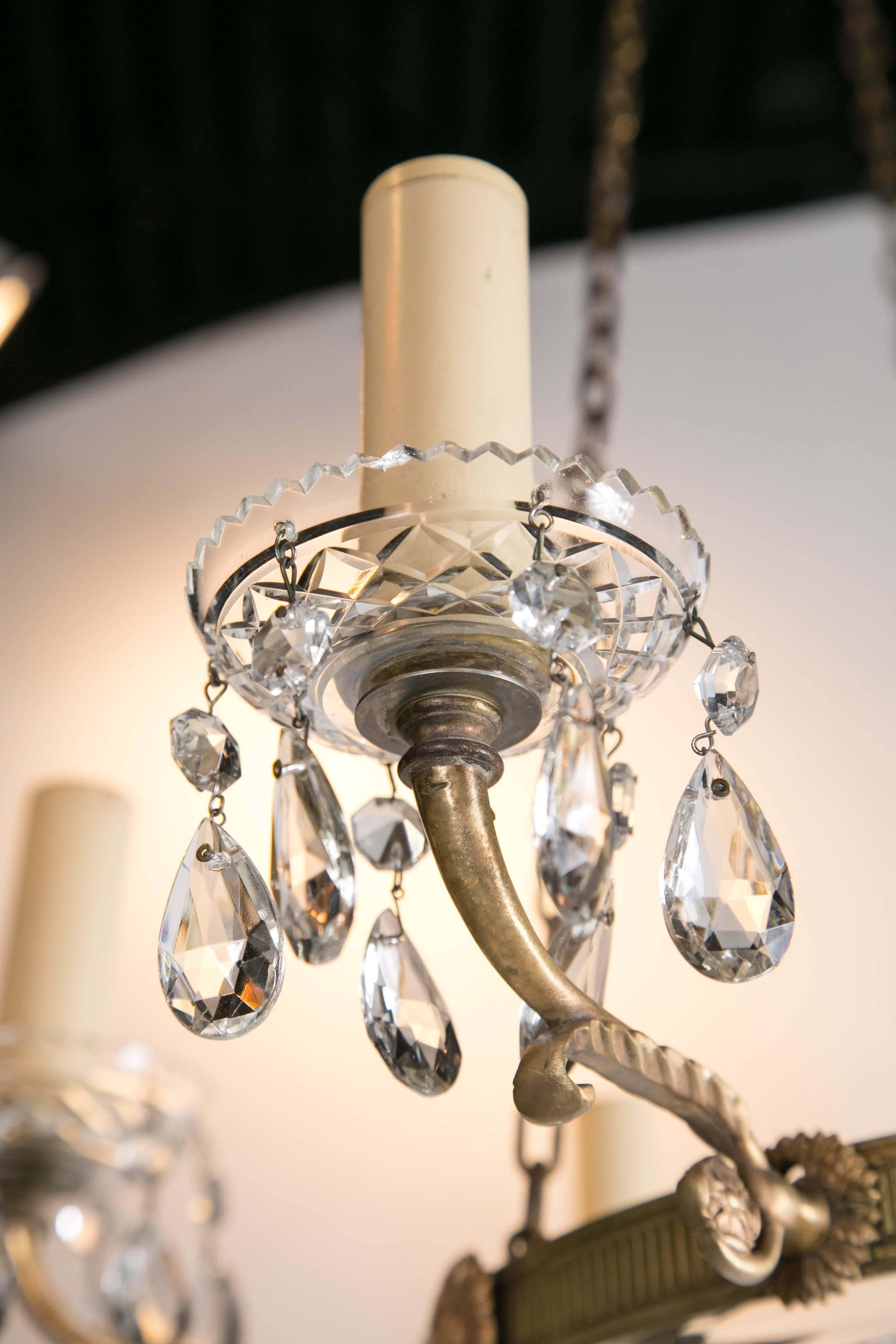 1930 French Gilt Bronze Chandelier with Cut Crystal Inset In Excellent Condition For Sale In Stamford, CT