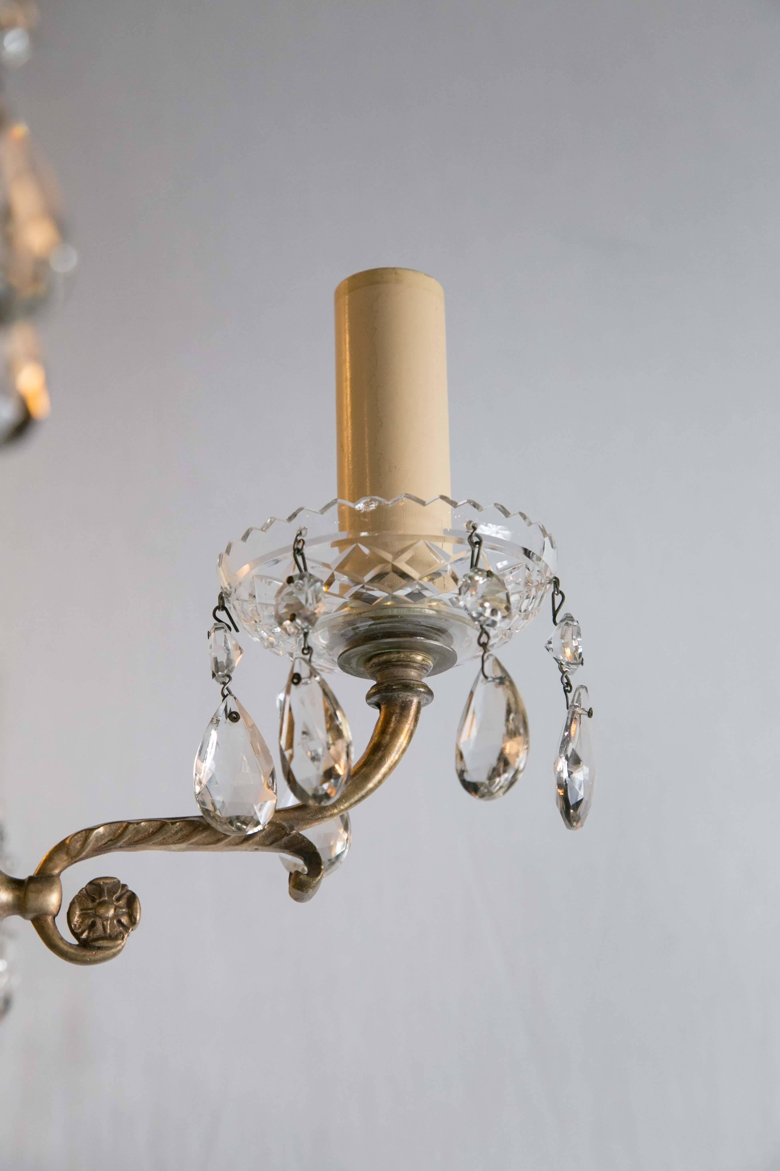 1930 French Gilt Bronze Chandelier with Cut Crystal Inset For Sale 2