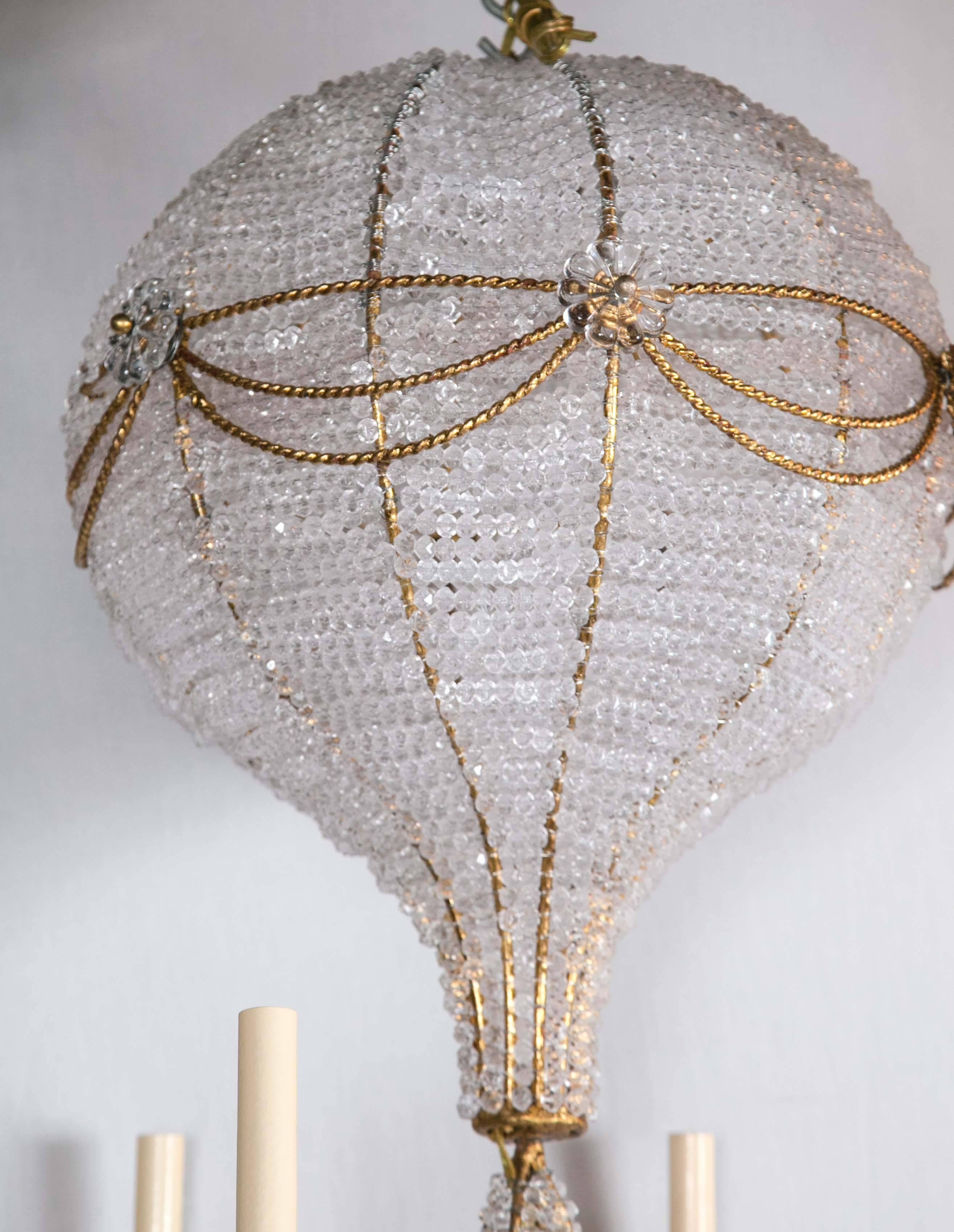 American Gilt Metal Beaded Crystal Chandelier For Sale