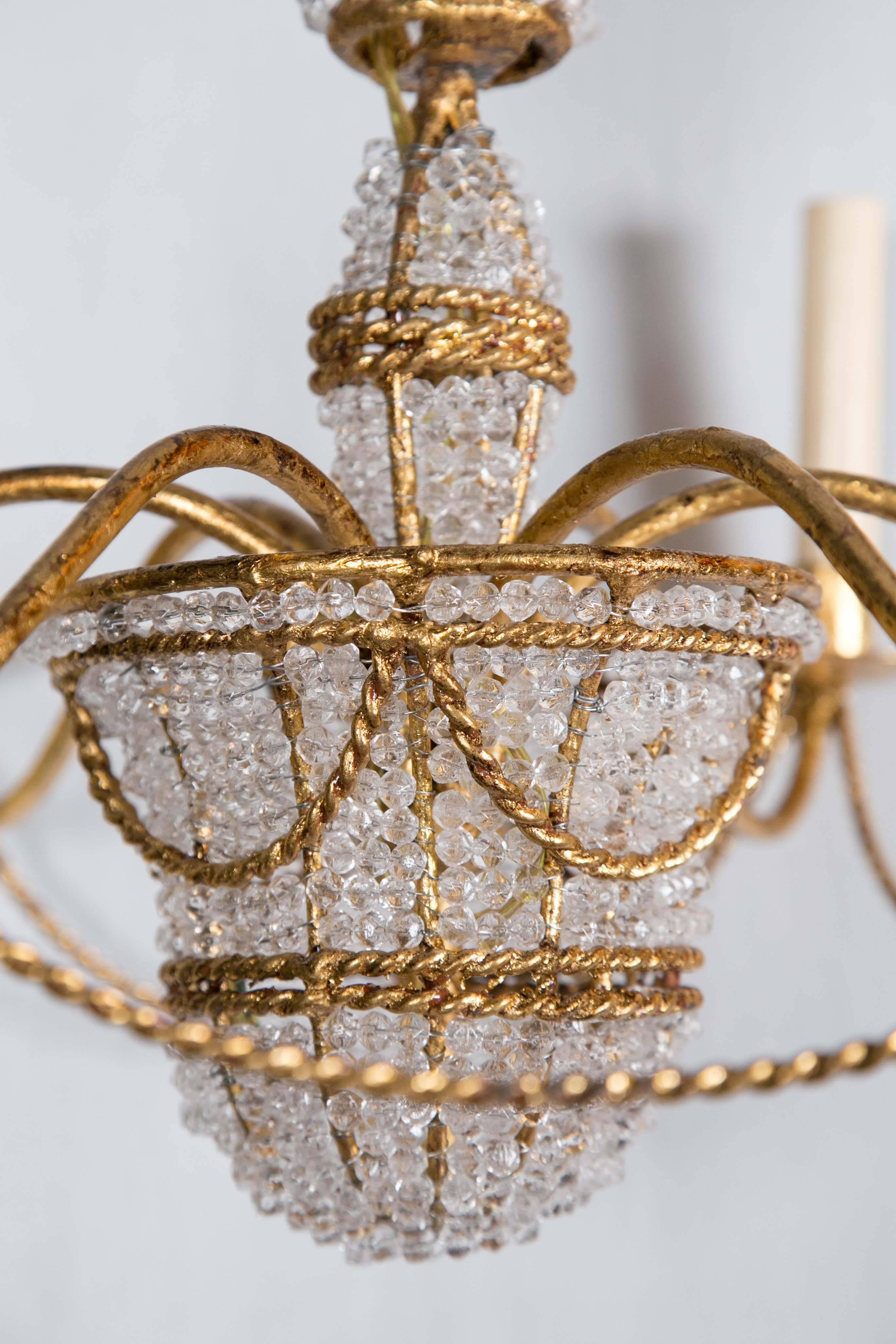 Gilt Metal Beaded Crystal Chandelier In Good Condition For Sale In Stamford, CT