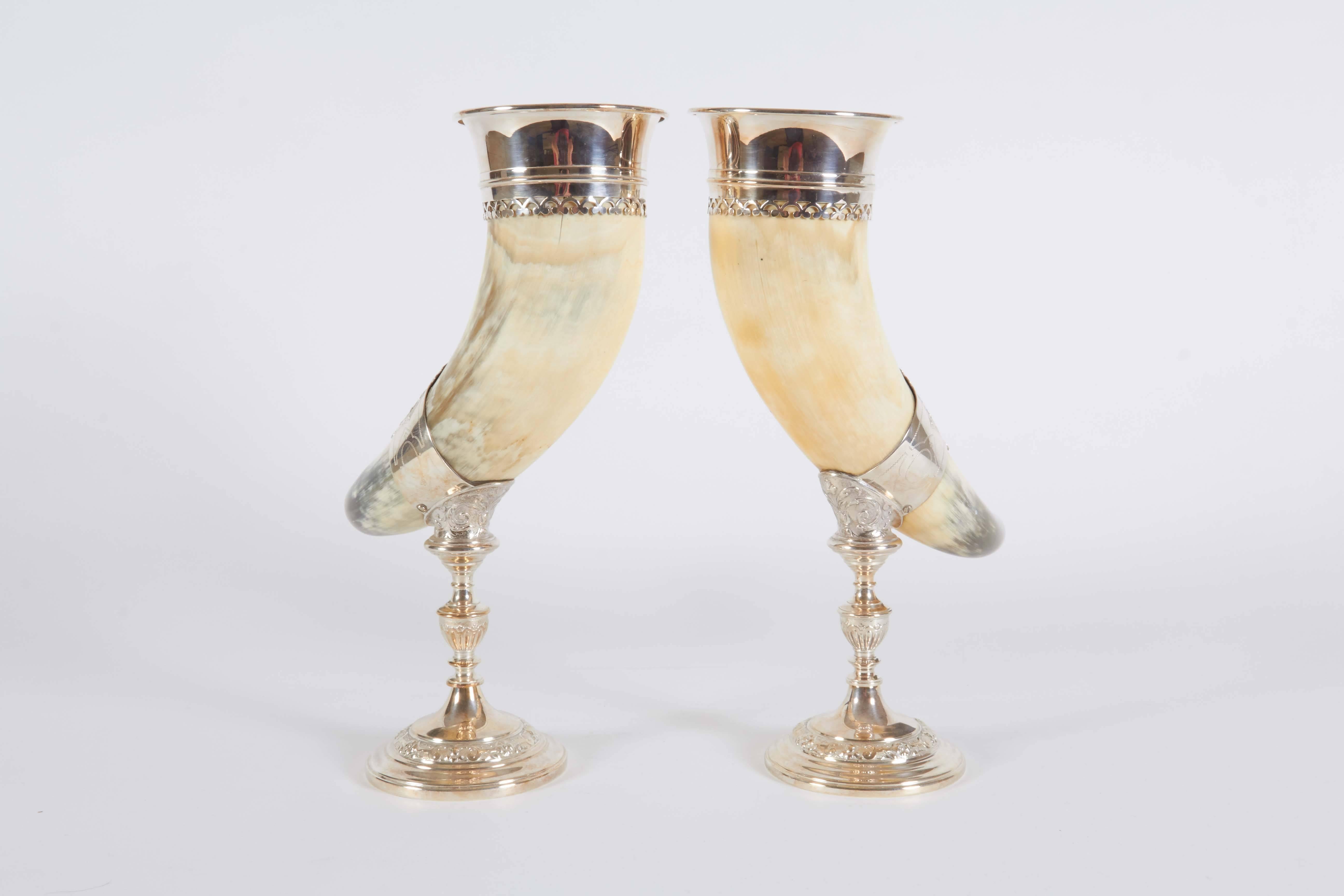 Antique English Pair of Horn Chalices with Silver Mounts 2