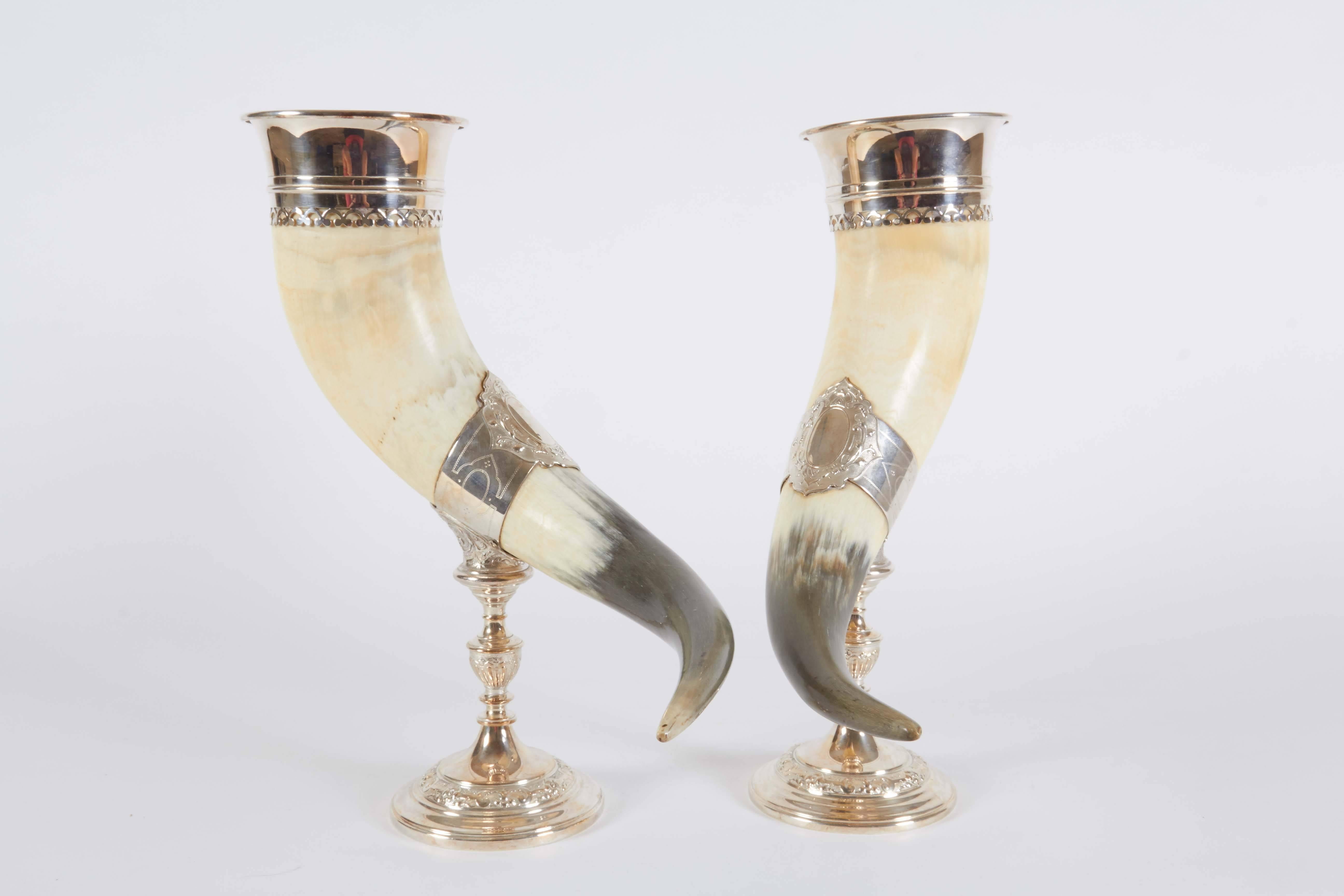 Antique English Pair of Horn Chalices with Silver Mounts 3
