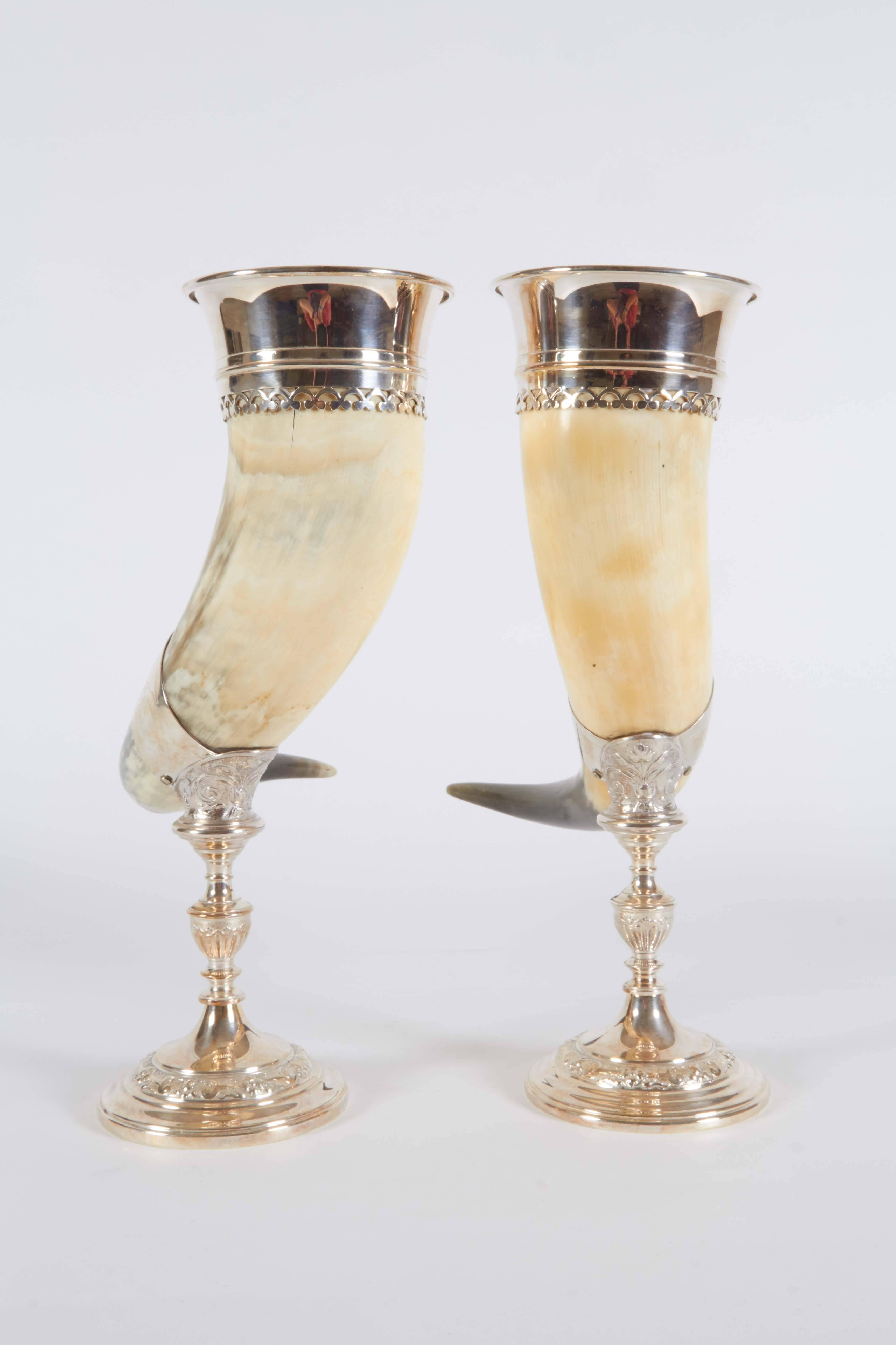 Antique English Pair of Horn Chalices with Silver Mounts 4