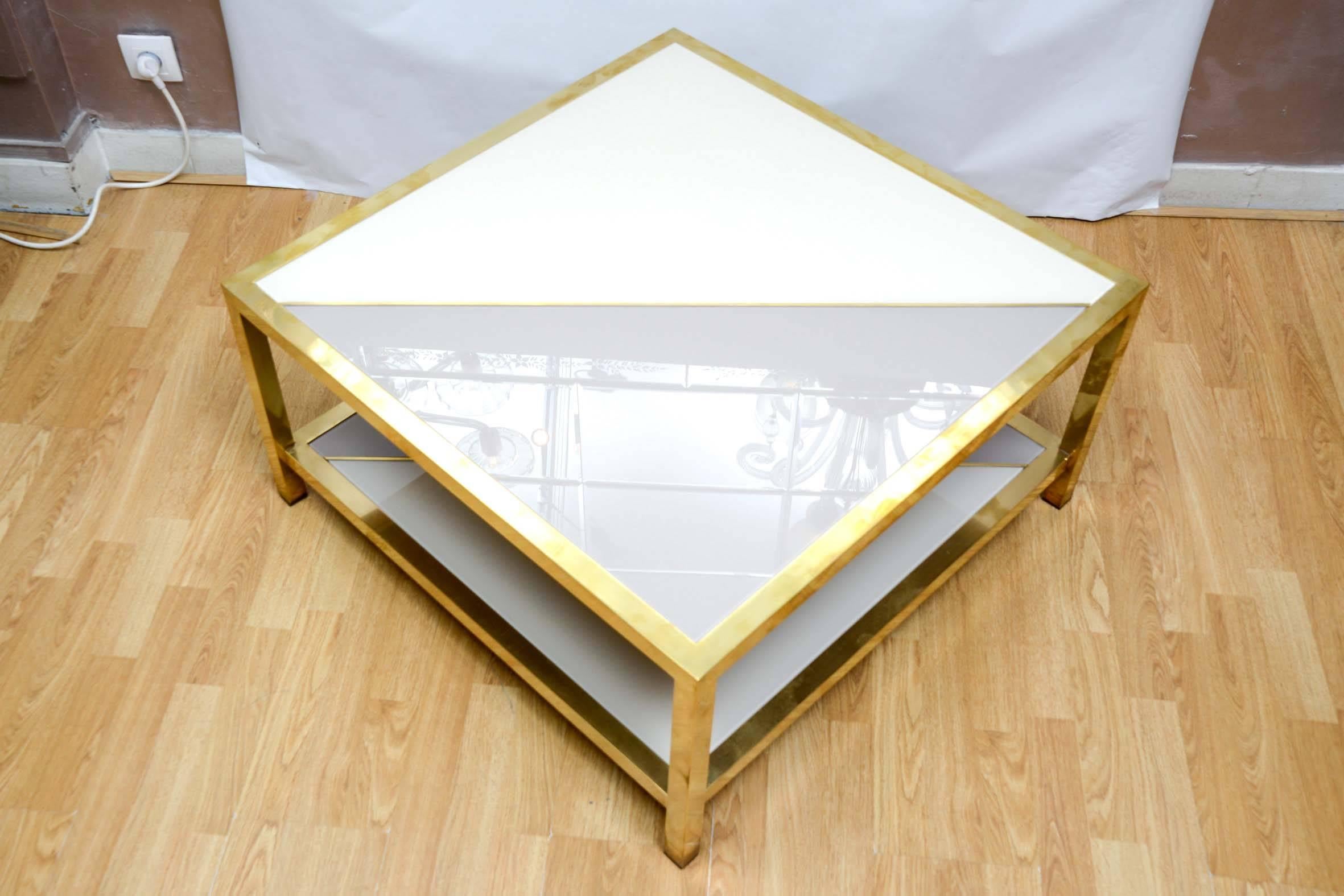 Late 20th Century Coffee Table with Tinted Glass and Brass