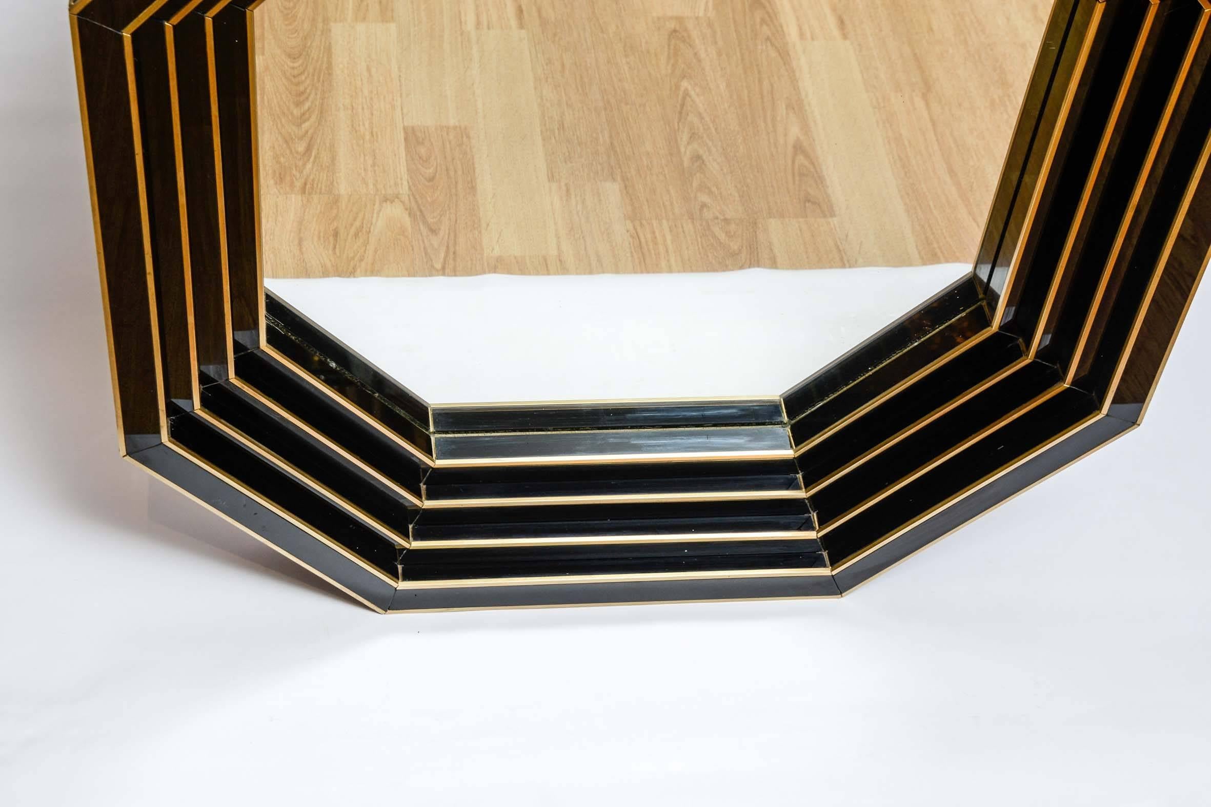 Italian Mirror Surrounding with Black Tinted Glass and Brass