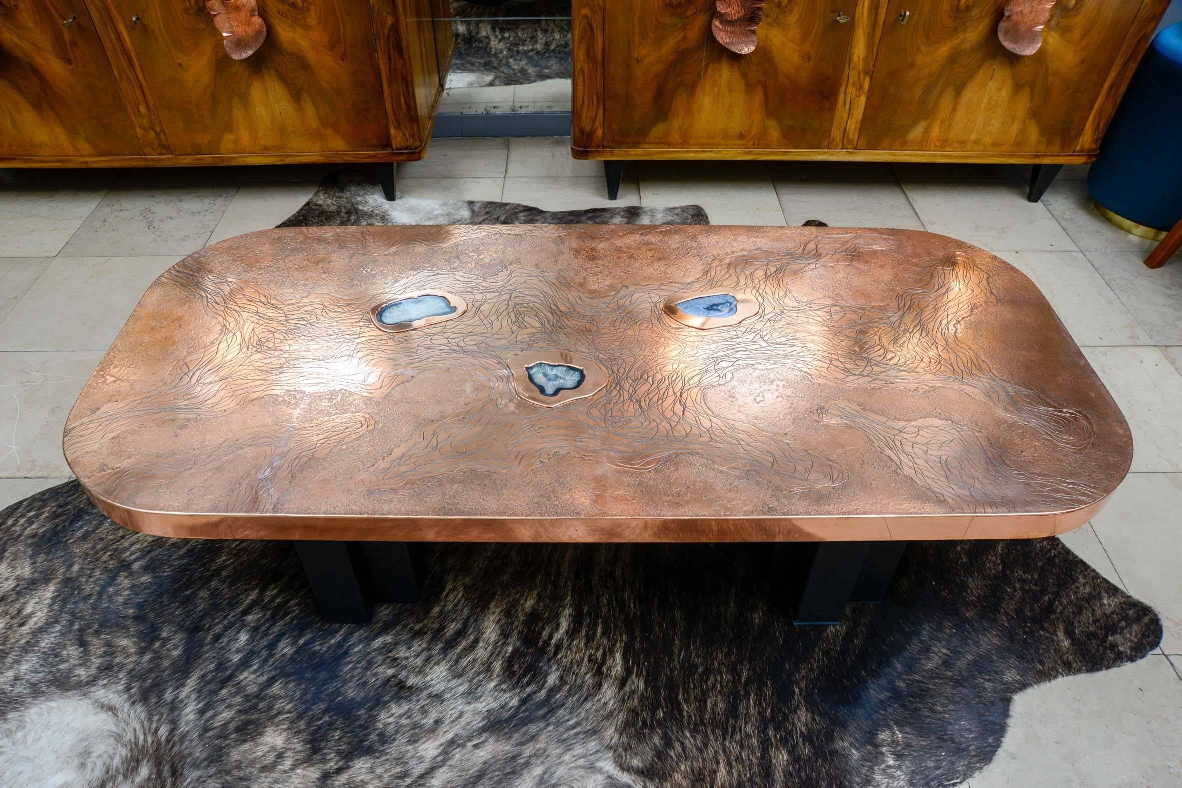 Original Copper and Agate Stone Low Table In Excellent Condition In Saint-Ouen (PARIS), FR