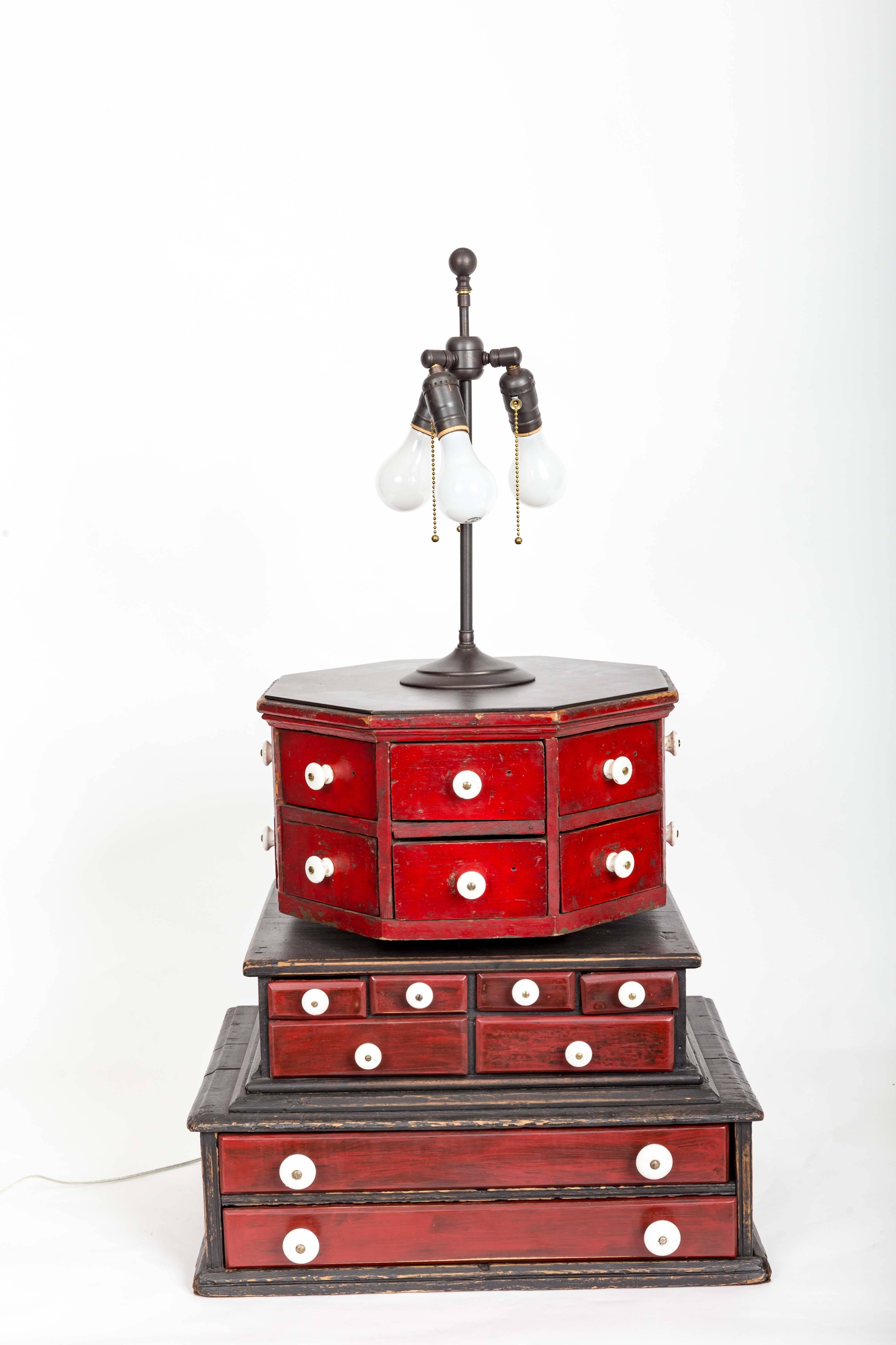 Custom one-of-a-Kind 'Diamond & Baratta' Sewing box lamp. Extra large-scale. Original Paint and Finish. Galvanized drawers. Porcelain pulls. Custom grosgrain shade.
Quintessential 'Diamond Baratta' design!

Shade: 28.5