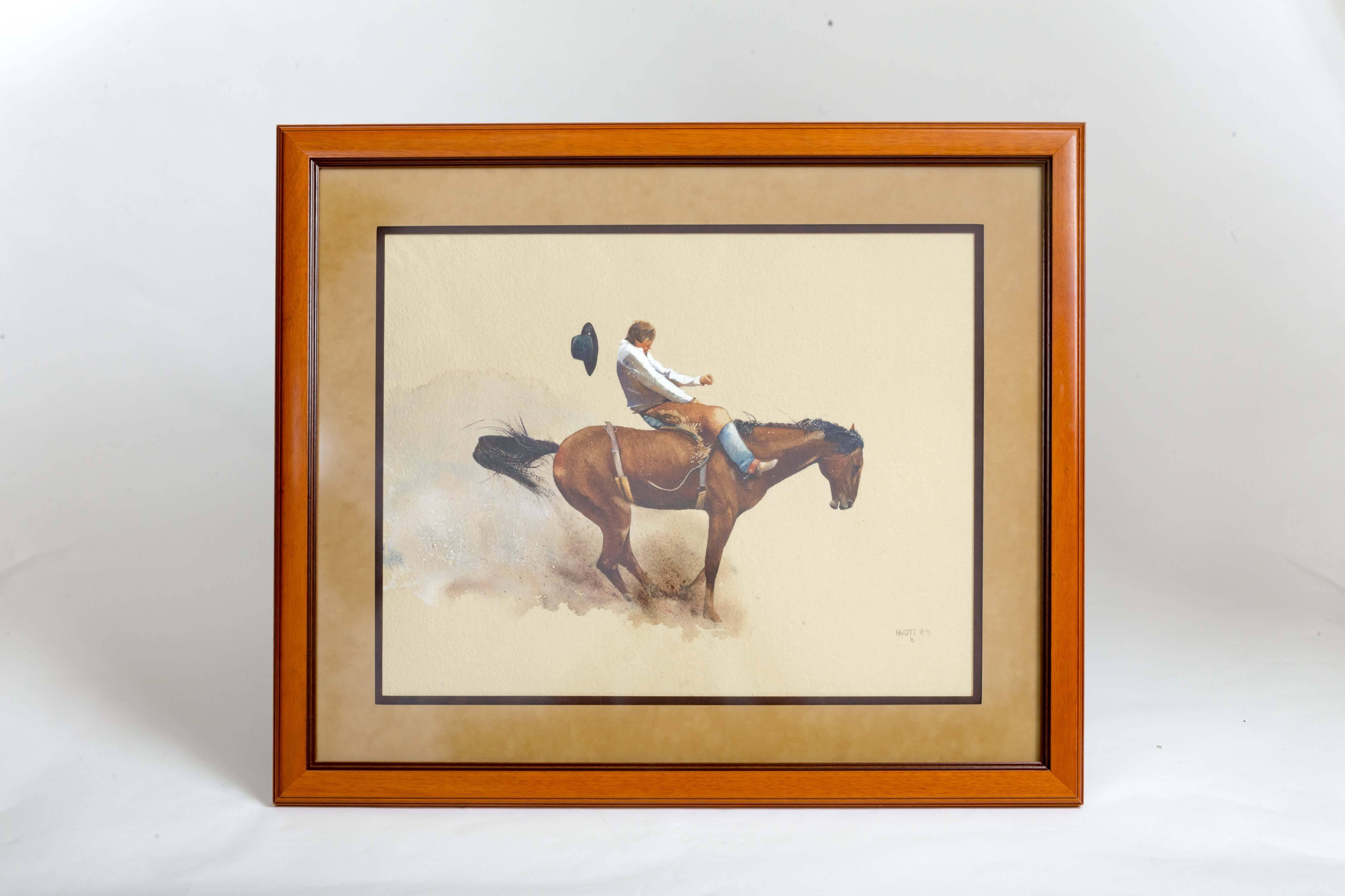 John Fawcett 'Pile Driver' watercolor.
(American, b. 1952)
Pile Driver, 1995.
Watercolor on paper.
Signed Fawcett and dated (lower right).
Measures: 24 x 19 inches.

Western Cowboy & Bucking Bronco illustration.