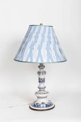 19th Century Delft Candlestick Lamp w/ Custom Diamond & Baratta Grosgrain Shade