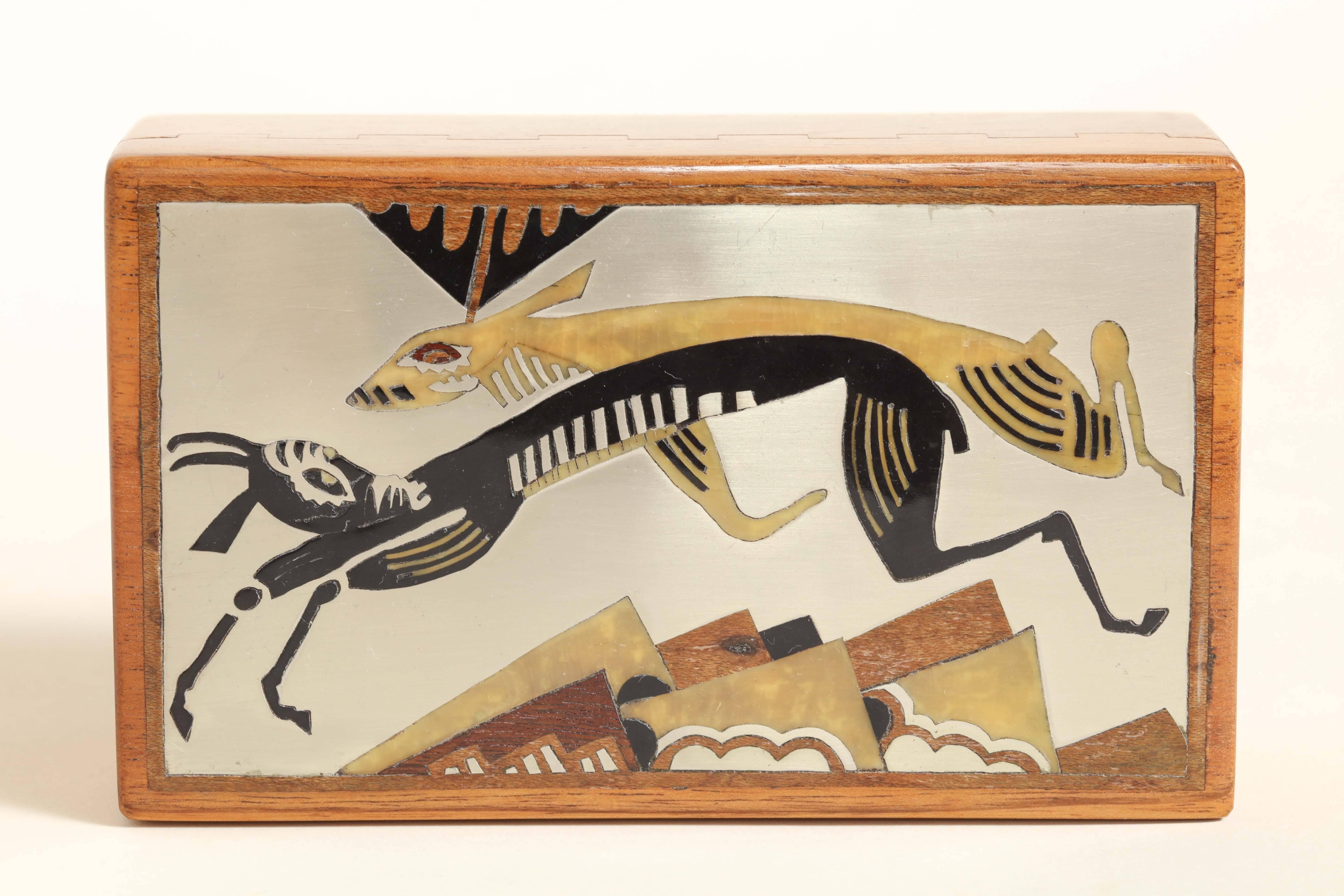 French Art Deco Fruitwood, Lacquer and Metal Box 'Animaux Fantastiques' In Excellent Condition For Sale In New York, NY