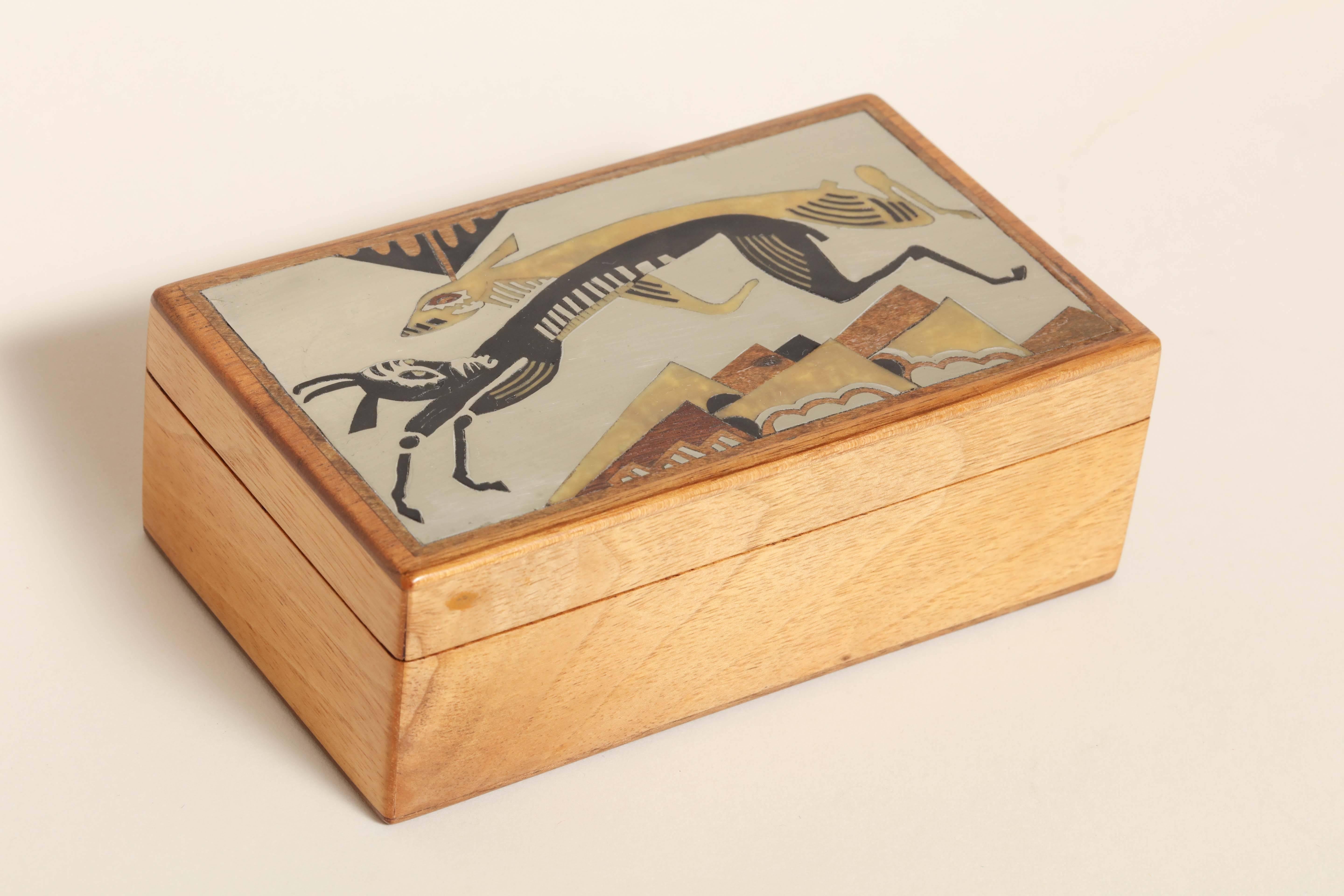 French Art Deco Fruitwood, Lacquer and Metal Box 'Animaux Fantastiques' For Sale 5