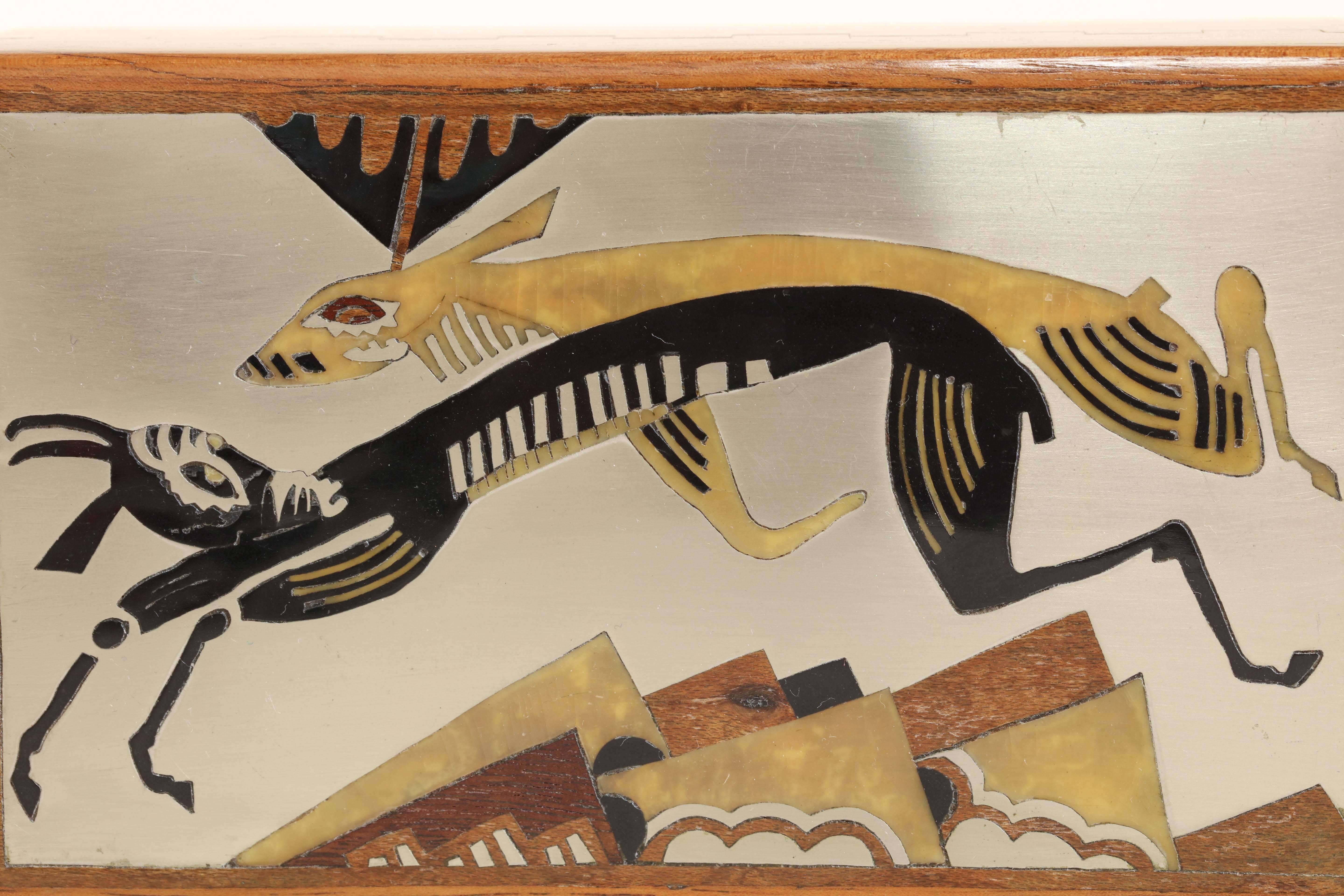 French Art Deco Fruitwood, Lacquer and Metal Box 'Animaux Fantastiques' For Sale 6