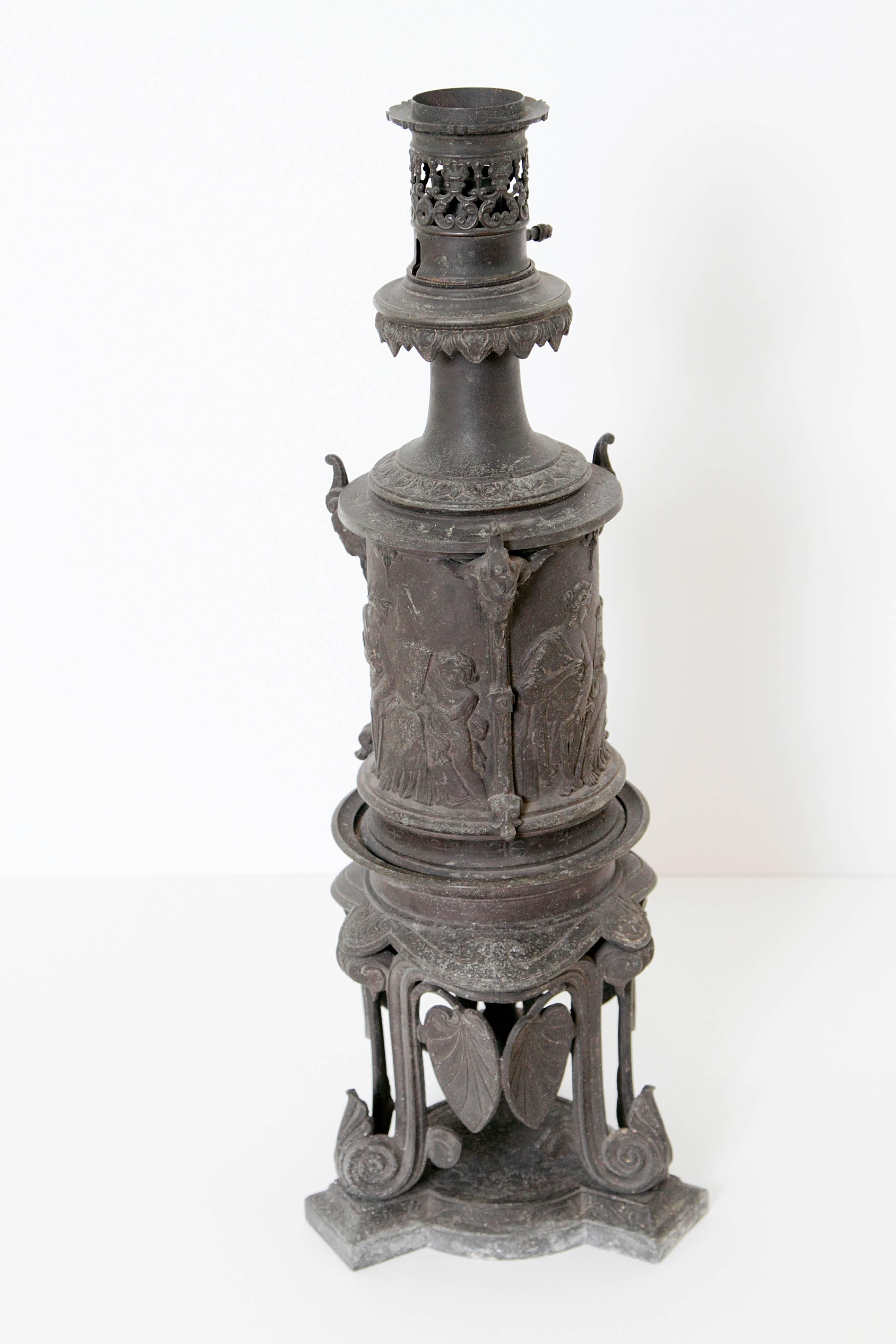 Napoleon III Cast Spelter Carcel Lamp on Stand In Fair Condition In Dallas, TX