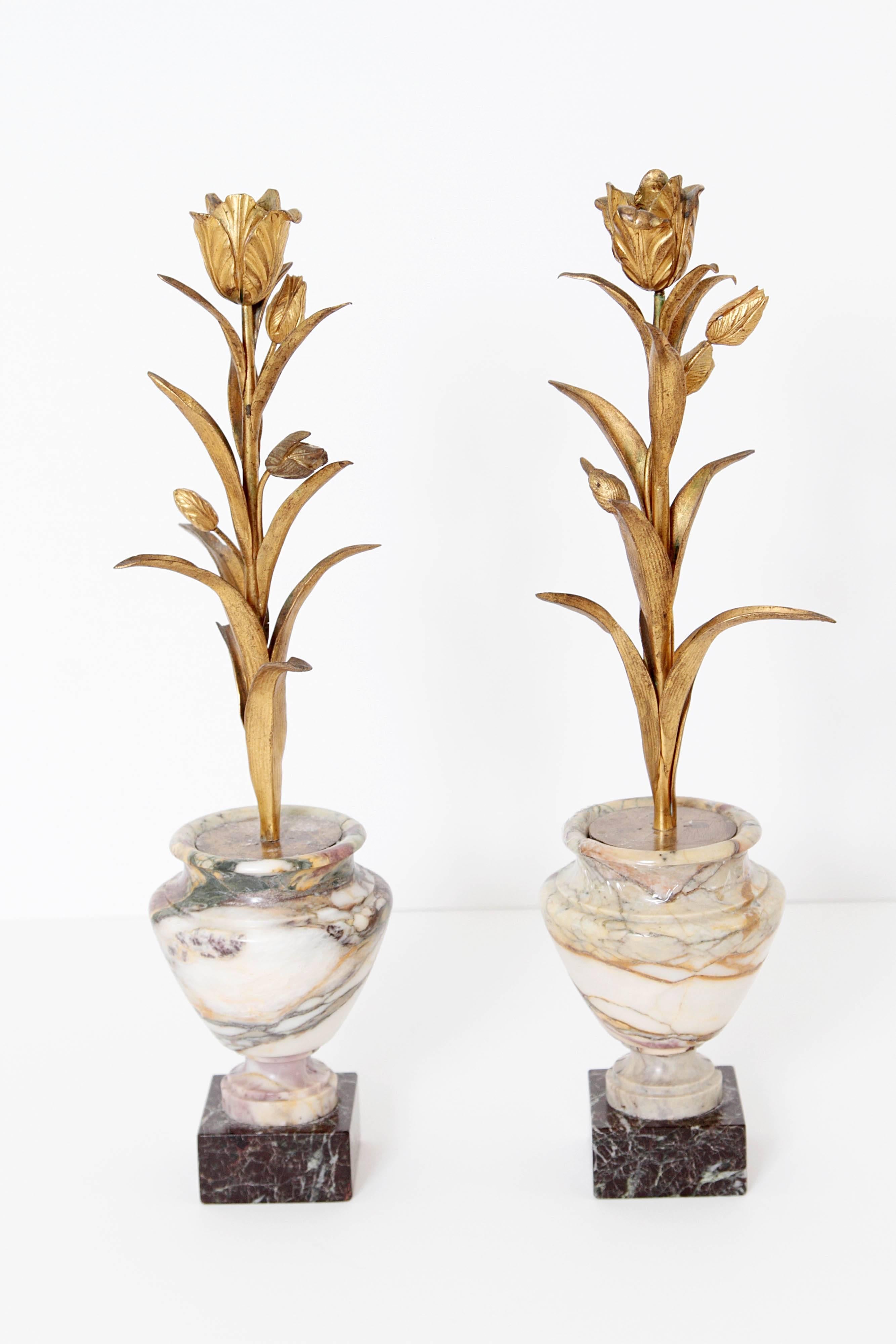 European Pair of Gilt Bronze and Marble Tulip Form Candleholders