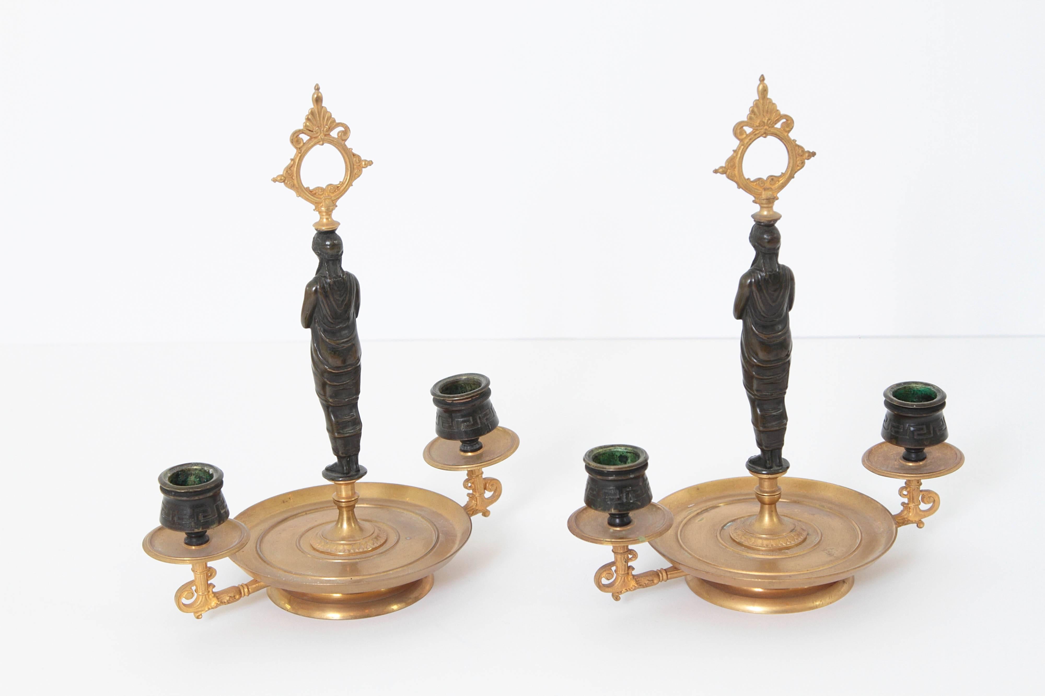 19th Century Pair of Patinated and Gilt Bronze Figural Candelabra For Sale