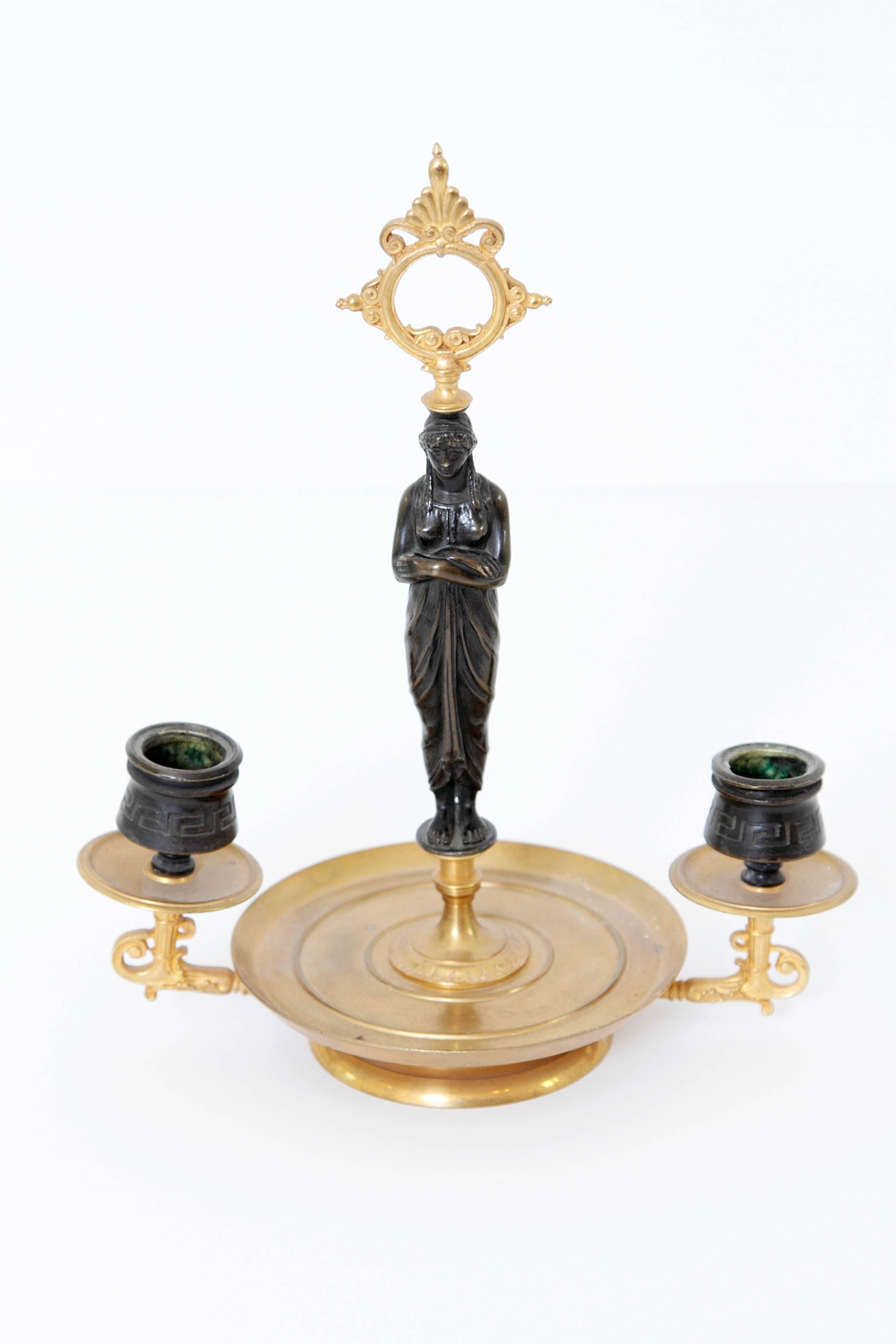 Pair of Patinated and Gilt Bronze Figural Candelabra For Sale 1