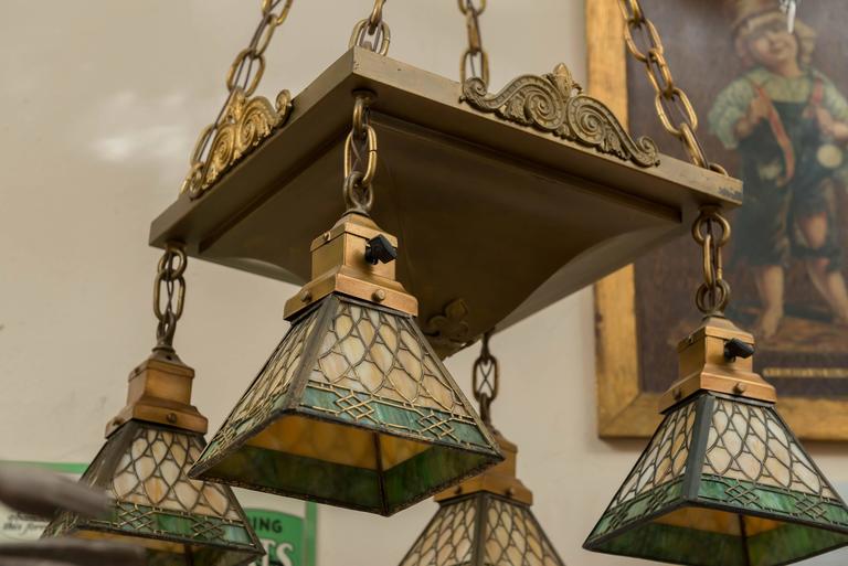 Four Arm Arts and Crafts Handel Chandelier with Original Signed Shades
