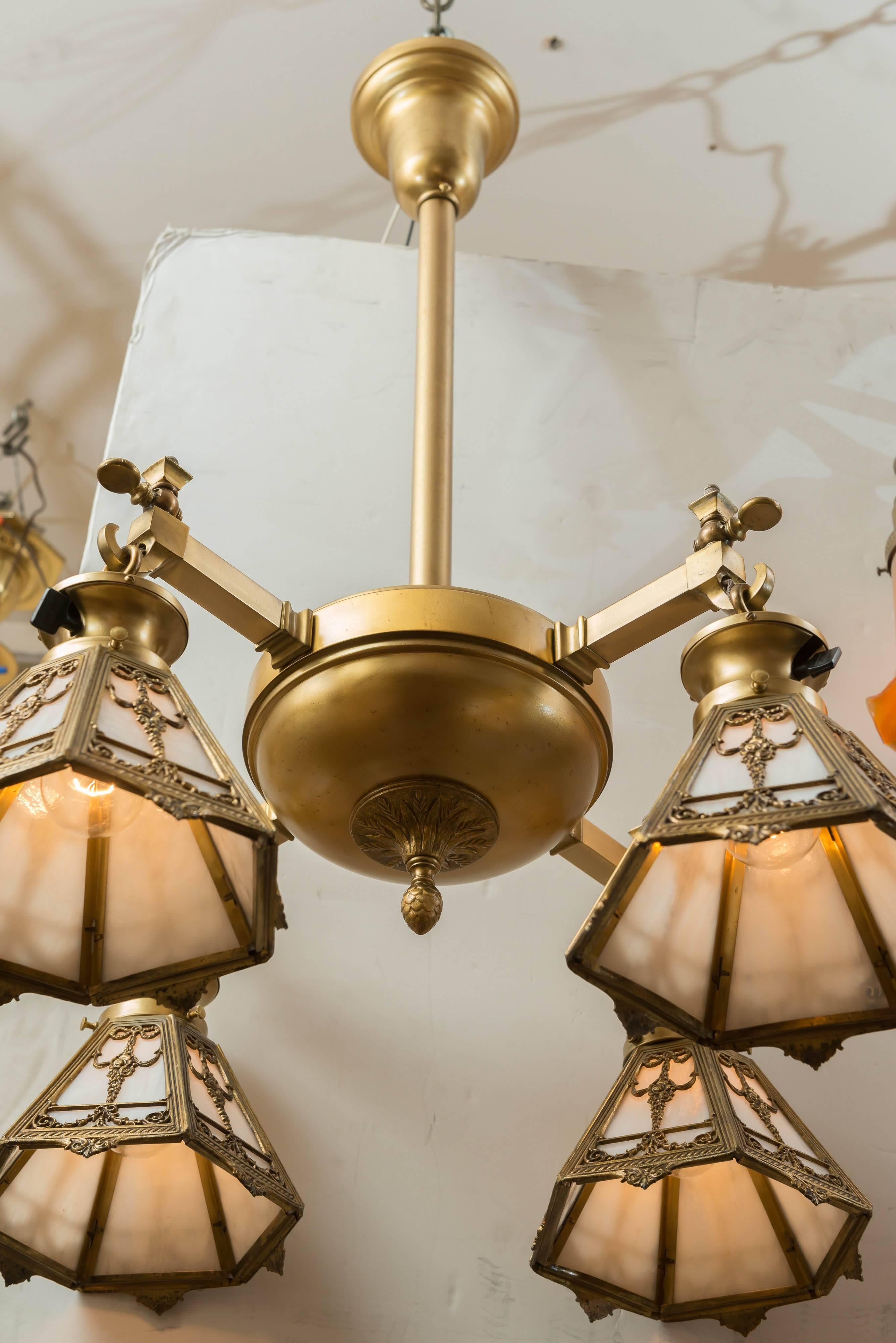 Neoclassical Revival Four-Arm Gilt Bronze Chandelier with Signed, Bradley & Hubbard Shades