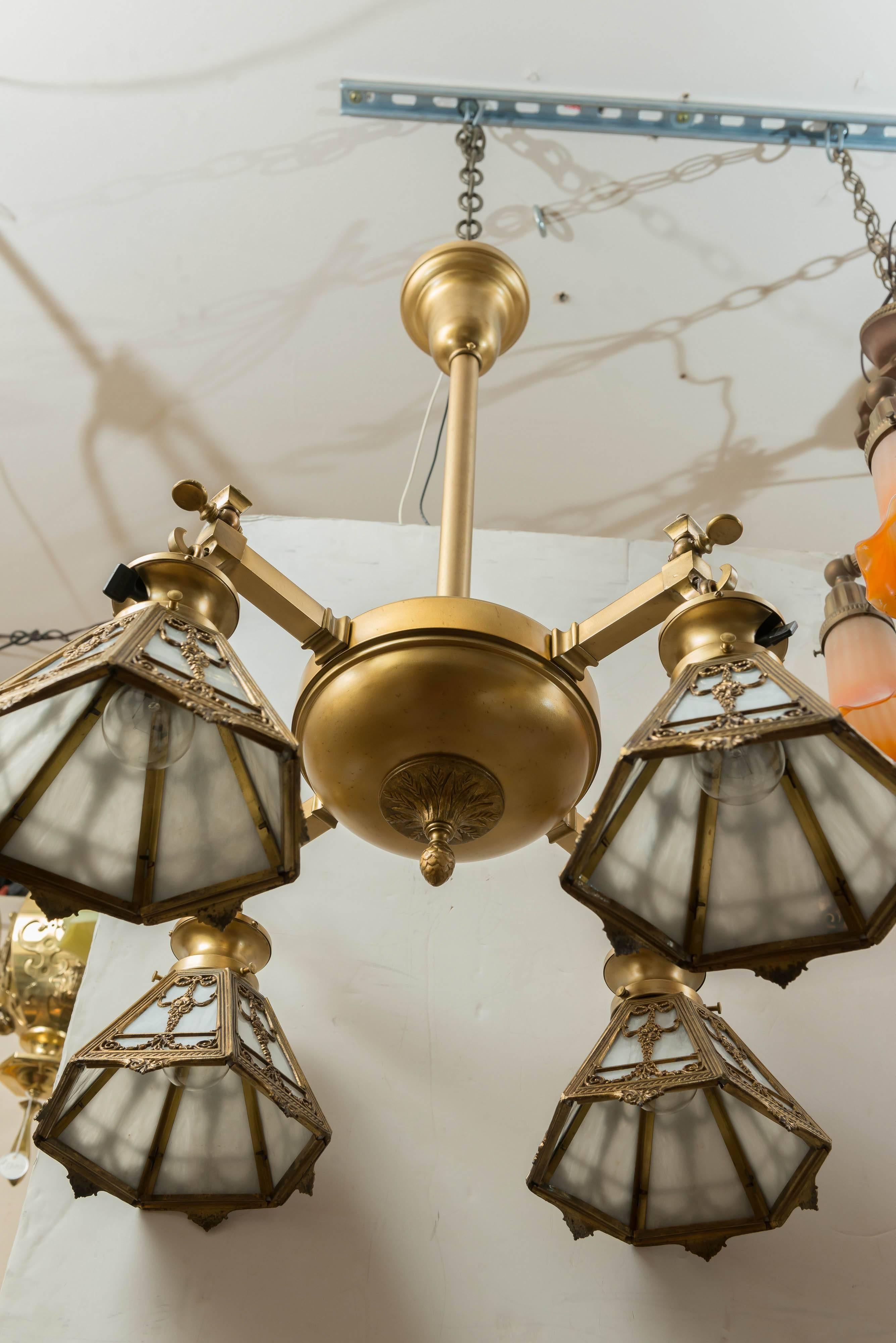 Early 20th Century Four-Arm Gilt Bronze Chandelier with Signed, Bradley & Hubbard Shades