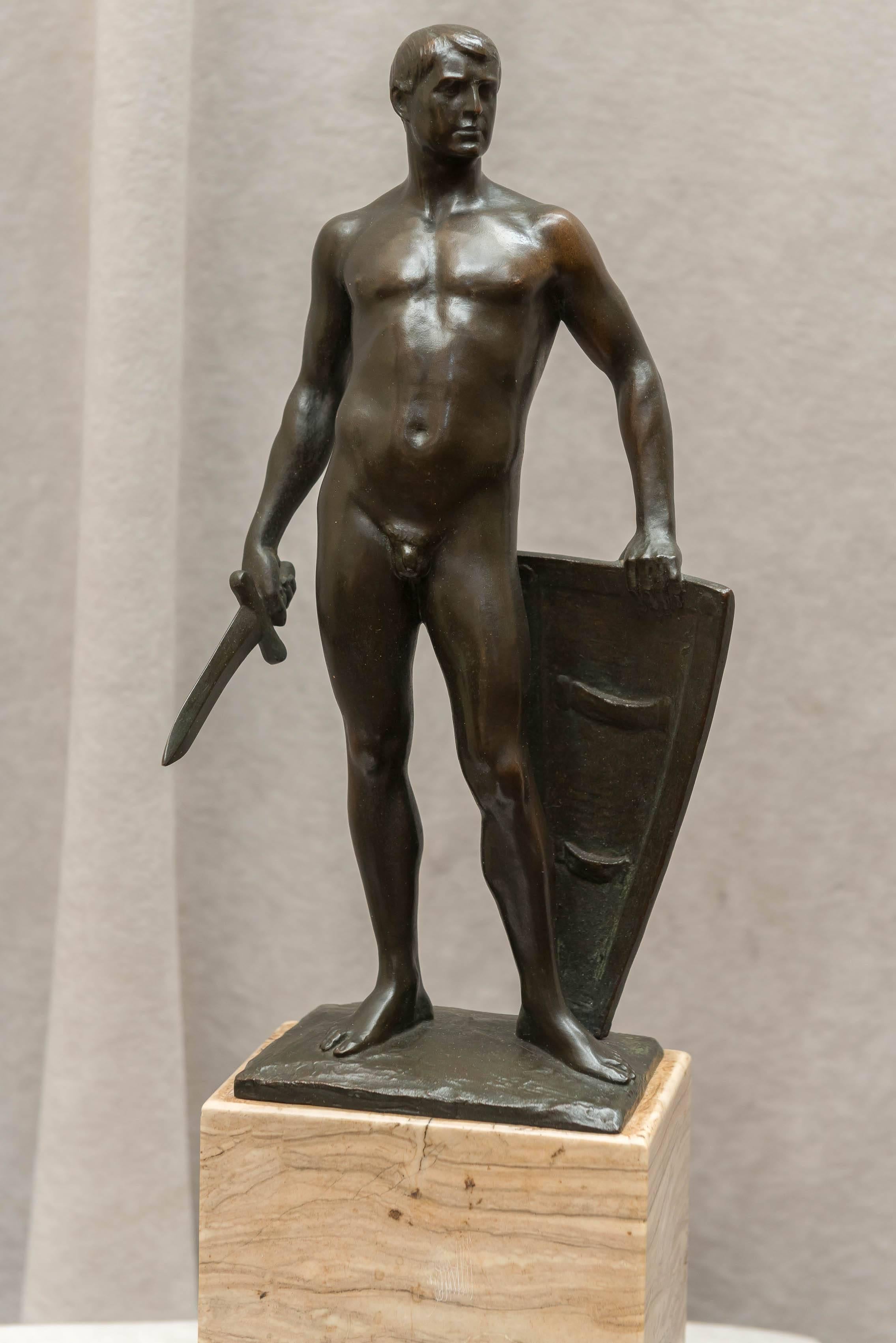 This powerful bronze figure of a warrior is signed by one of our favourite artists of the early 20th century, Victor Seifert. This handsome warrior is mounted on a double marble base, and is done in a rich dark brown patina.
Victor Seifert was