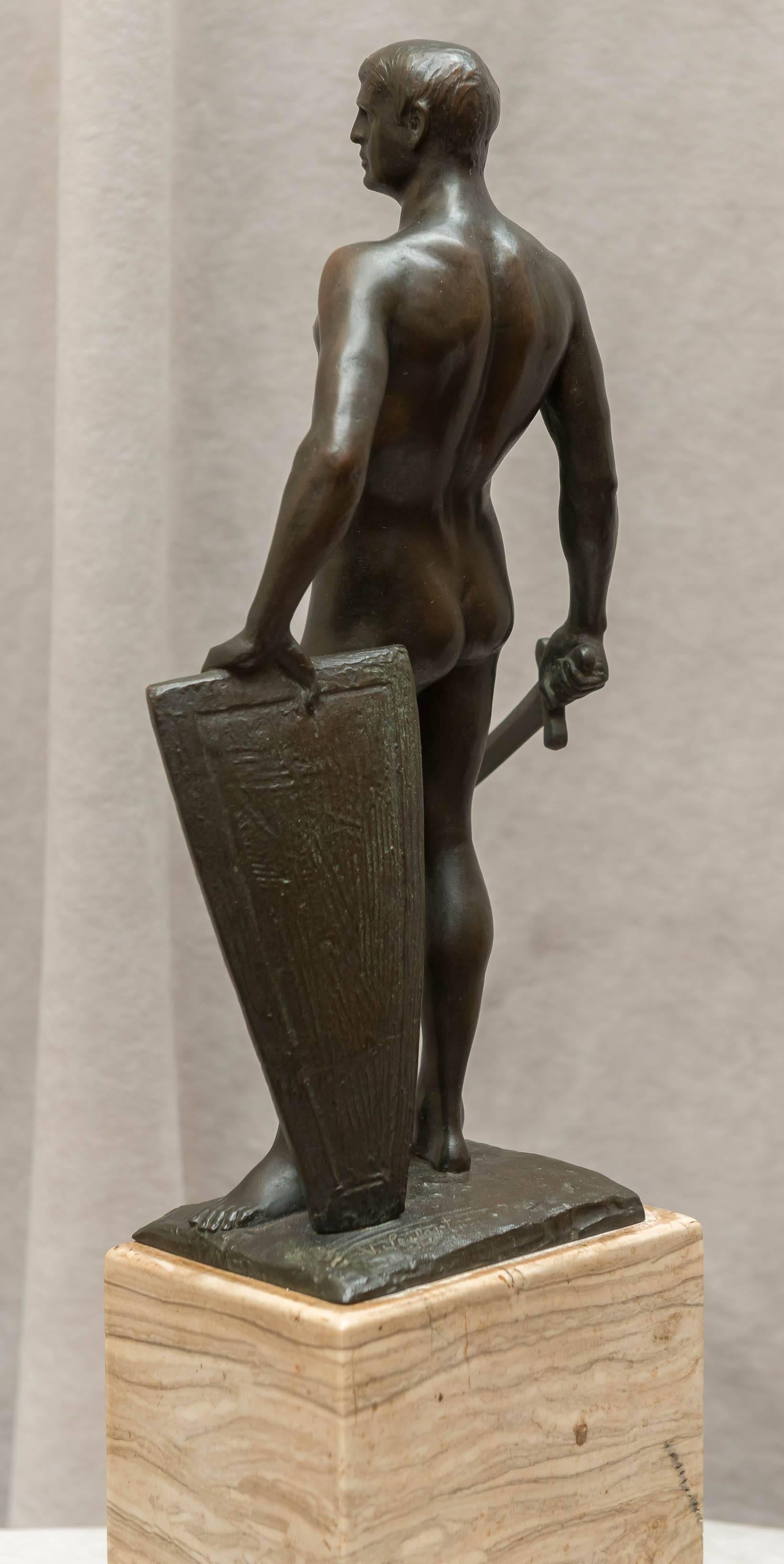 Classical Roman Male Nude Figure of a Roman Warrior, Artist Signed