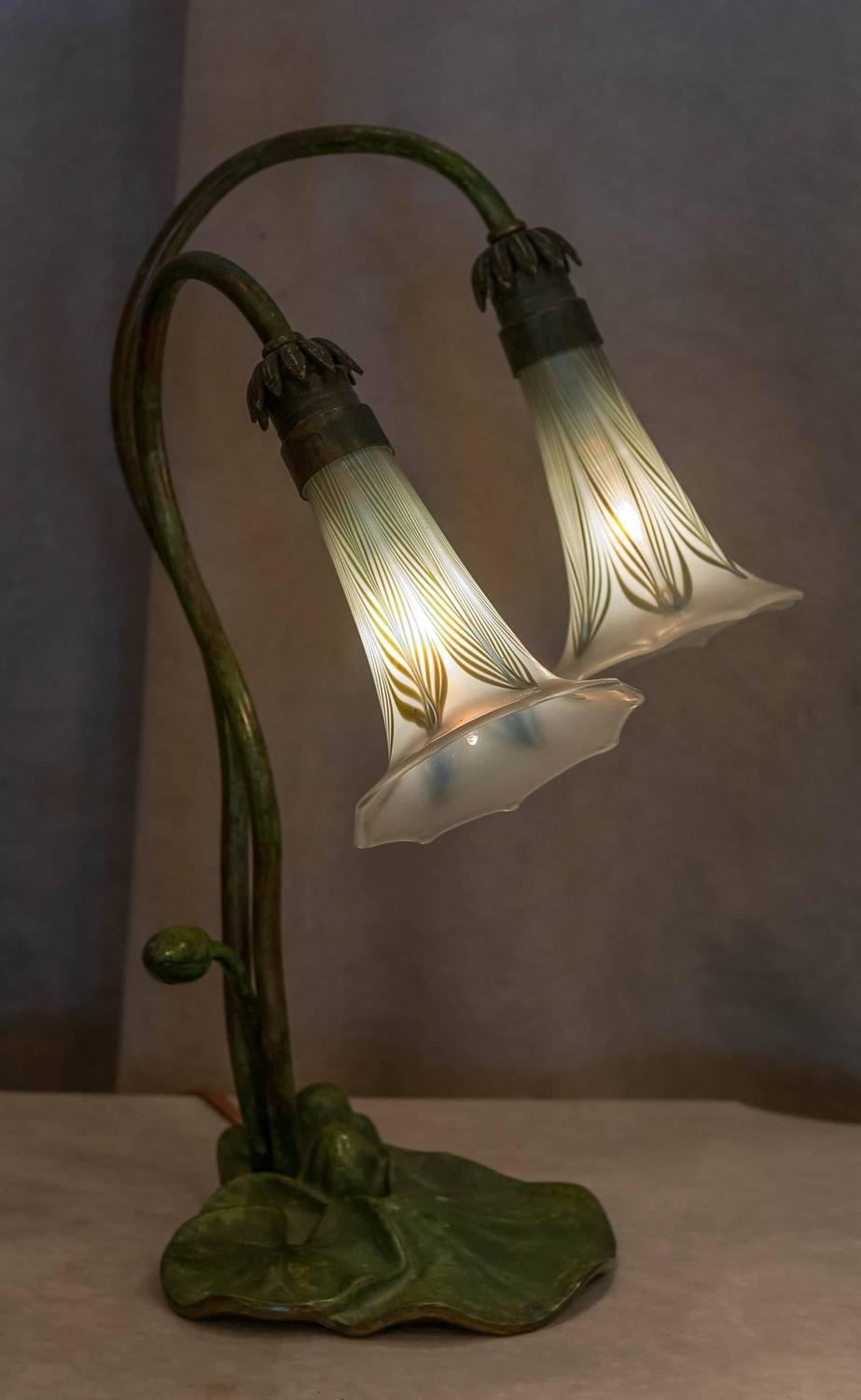 Austrian Art Nouveau TwoLight Lilly Lamp with Pulled Feather Blown
