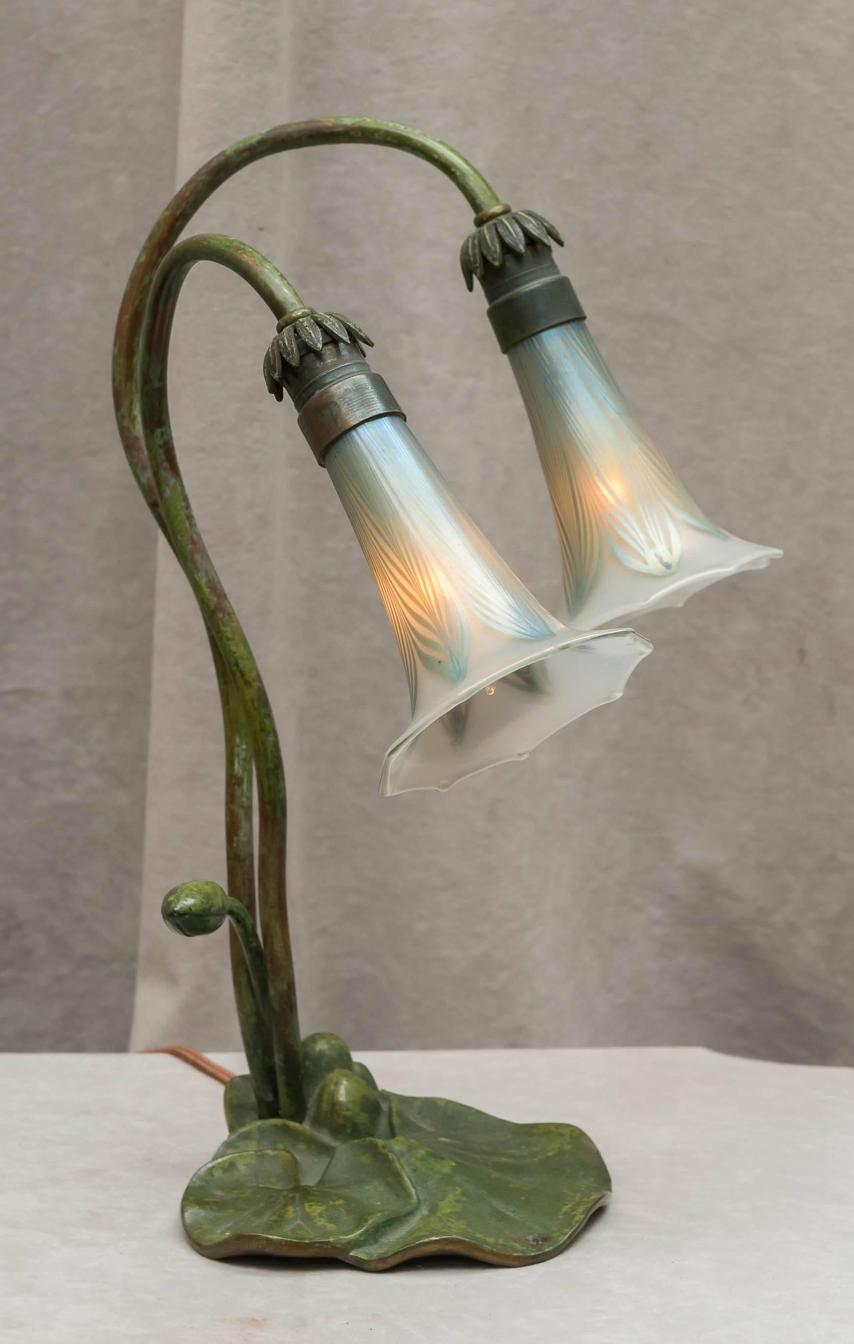Austrian Art Nouveau Two-Light Lilly Lamp with Pulled Feather Blown Shades In Excellent Condition In Petaluma, CA