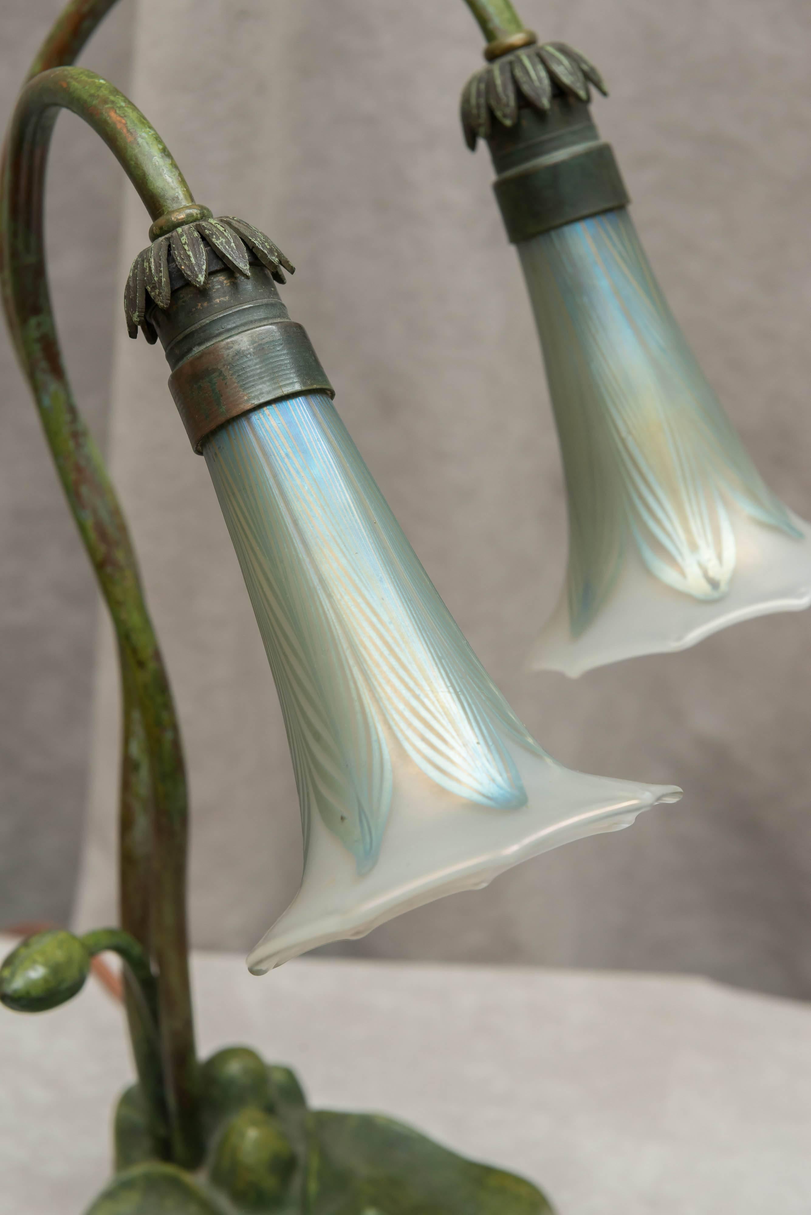 Bronze Austrian Art Nouveau Two-Light Lilly Lamp with Pulled Feather Blown Shades