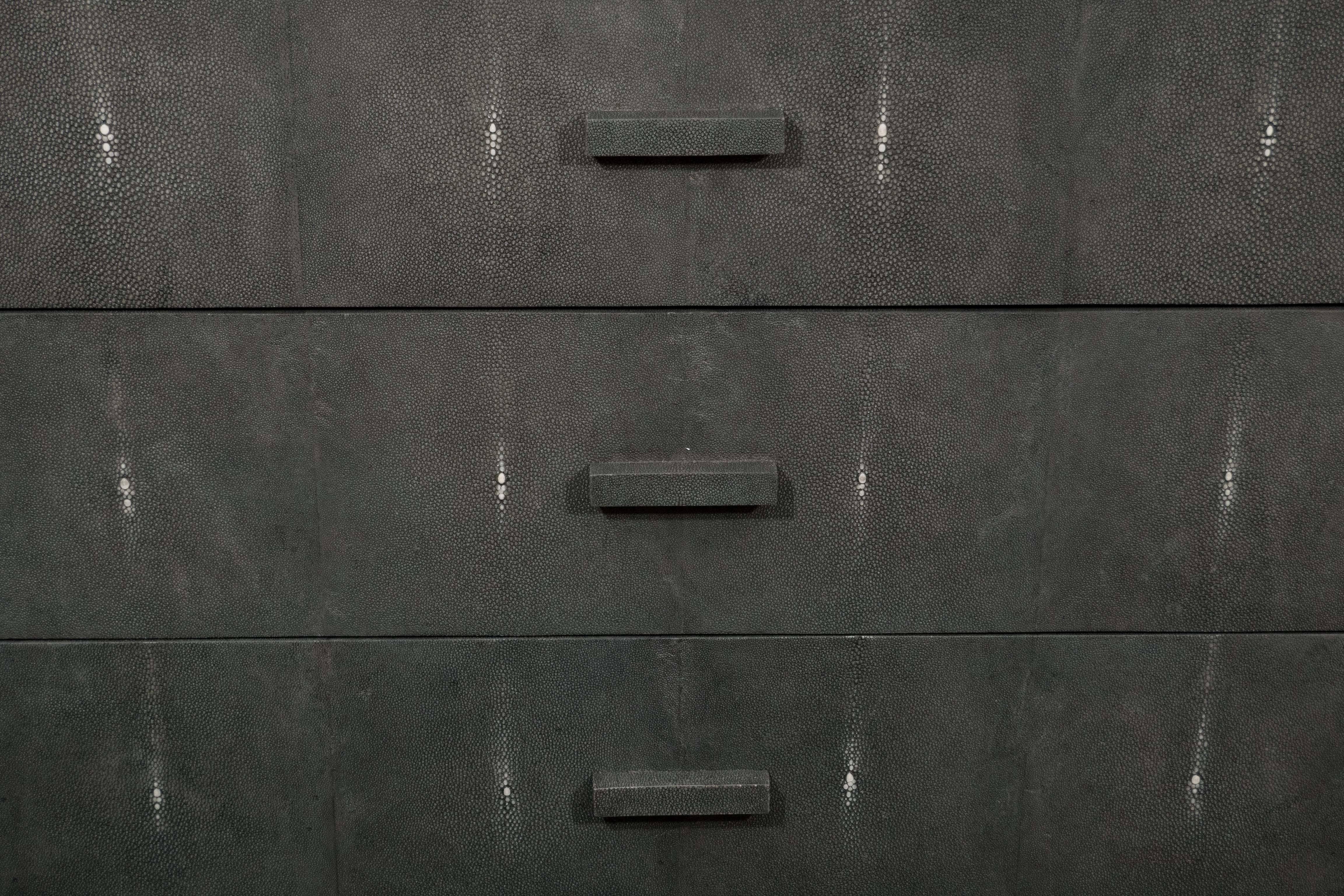 Custom Gray lacquer dresser with genuine shagreen drawer fronts. Customization available in different sizes, colors and hardware.