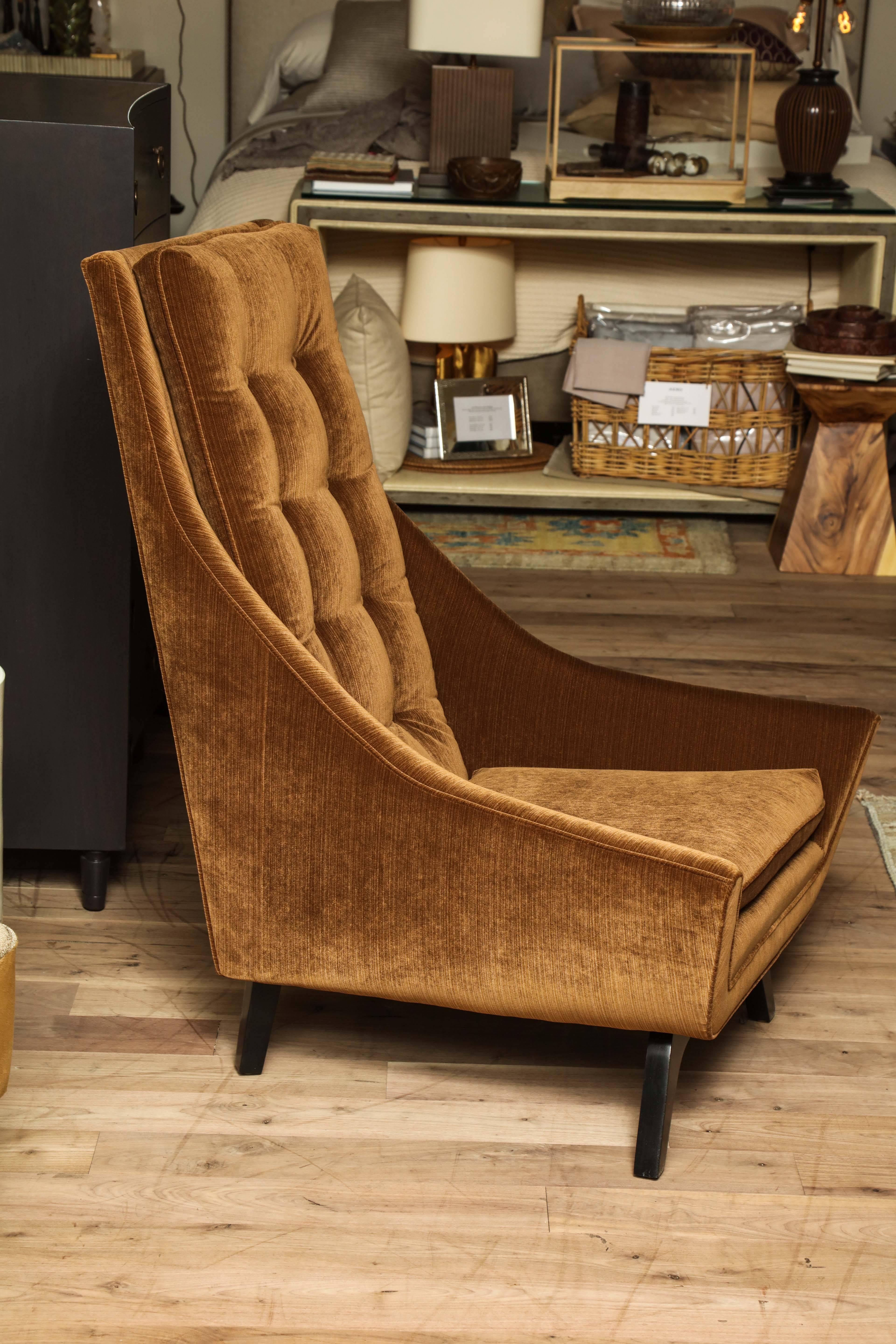 High back tufted lounge chair by Adrian Pearsall for Craft Associates circa 1960 upholstered in chestnut strie velvet.
 