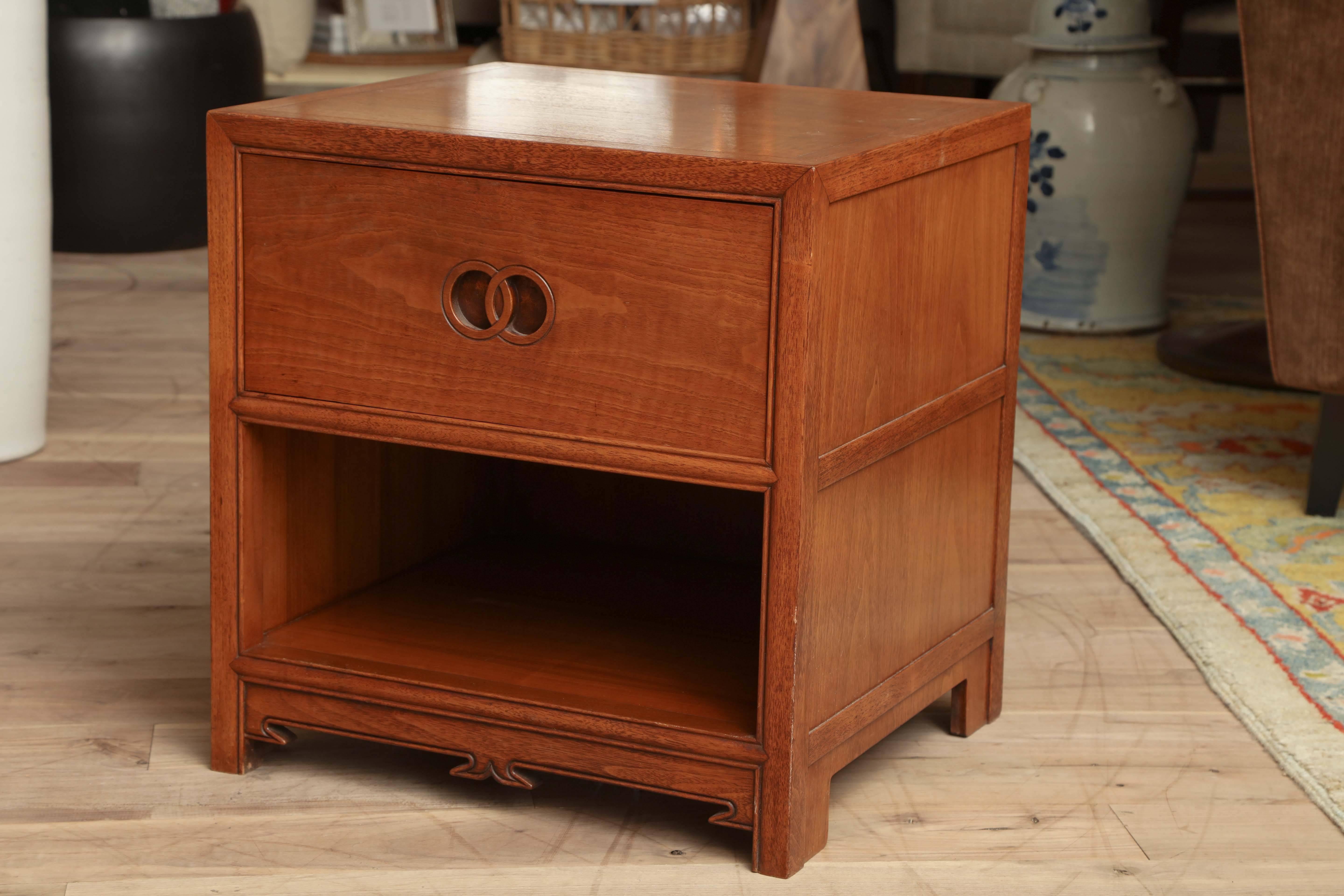Michael Taylor for Baker Furniture walnut nightstand with drop front door cabinet, circa 1950.