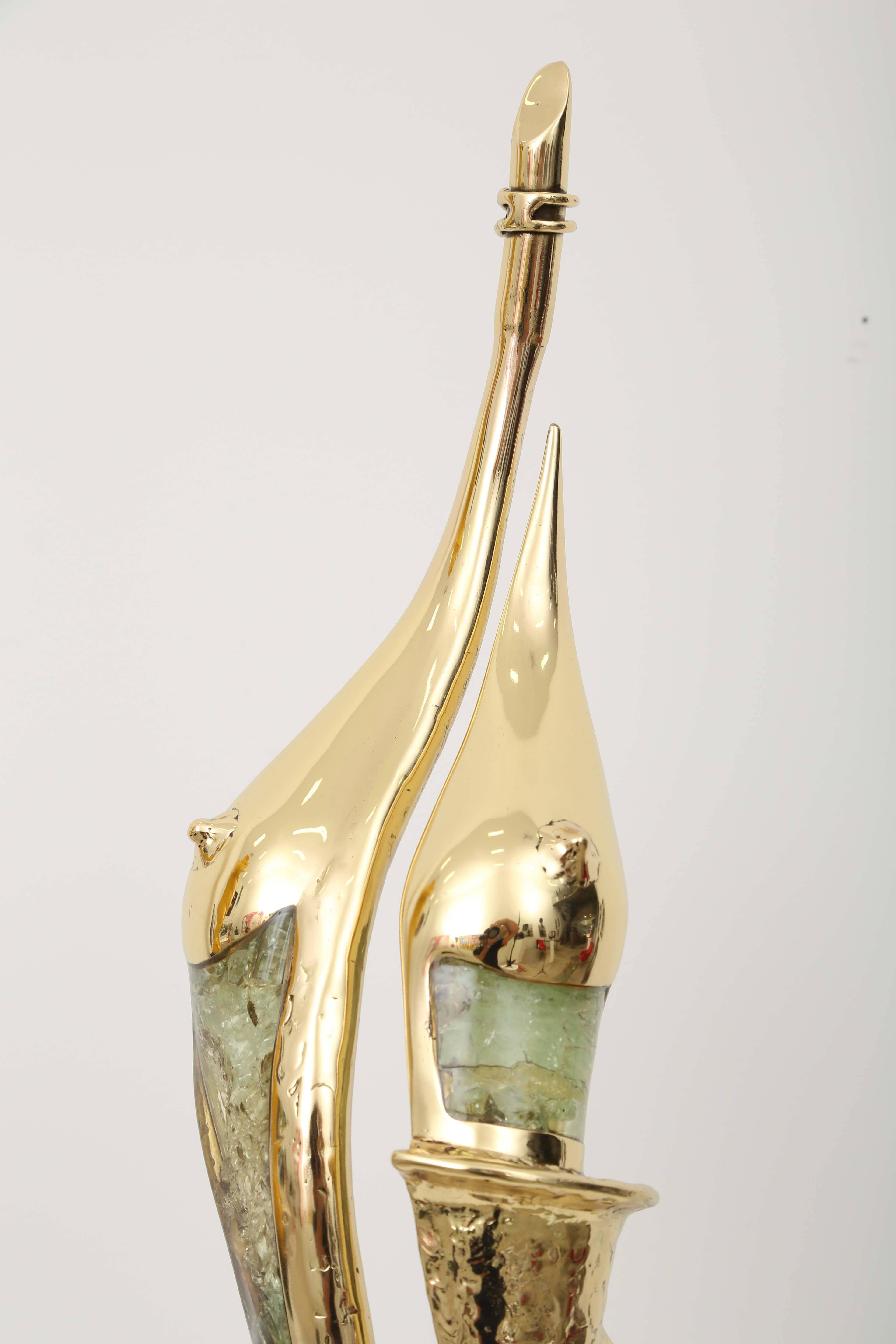 Mid-Century Modern Gilded Bronze and Glass Inclusions Sculpture by J. Duval-Brasseur, Mid-Century
