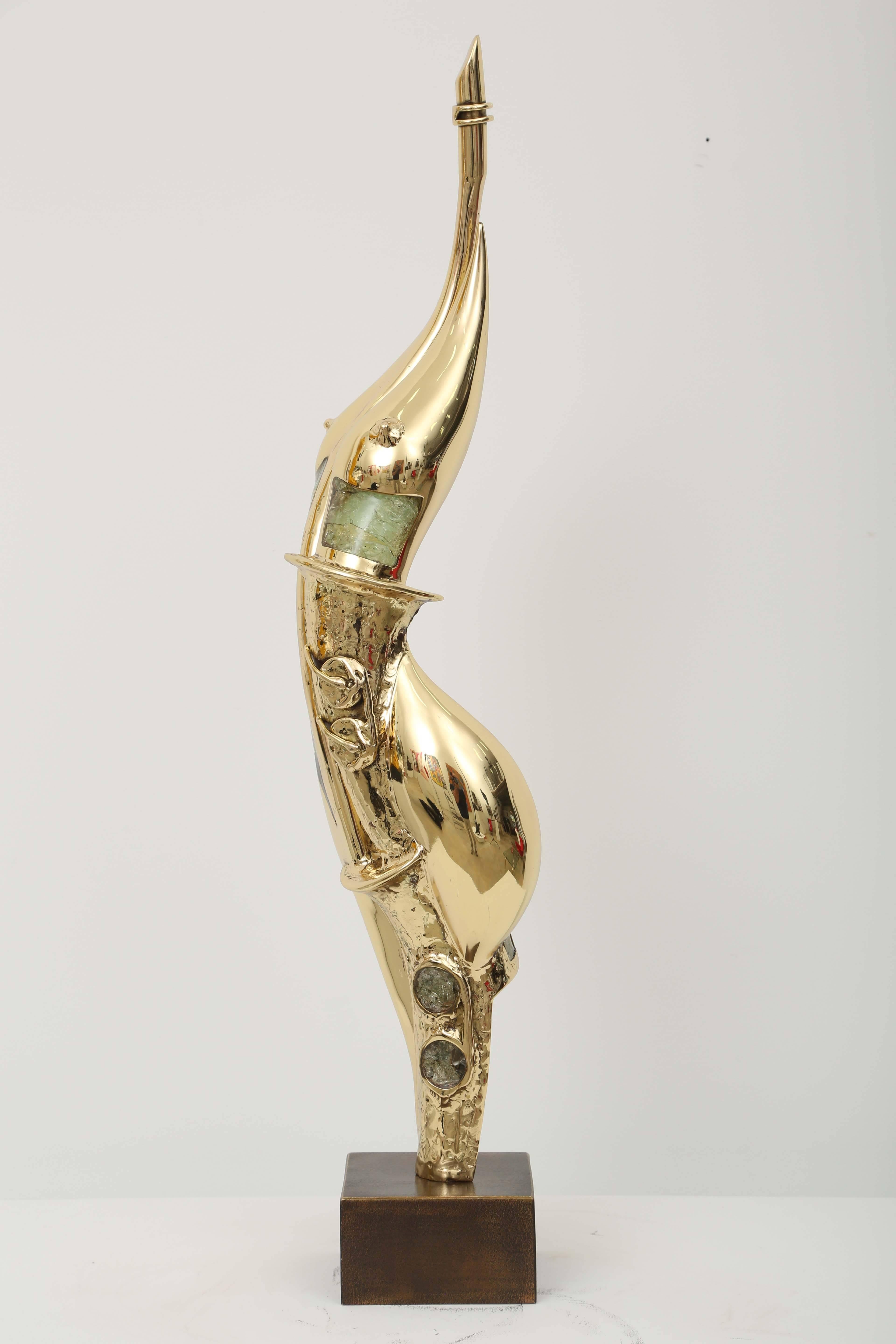 Gilded Bronze and Glass Inclusions Sculpture by J. Duval-Brasseur, Mid-Century In Excellent Condition In Miami, FL