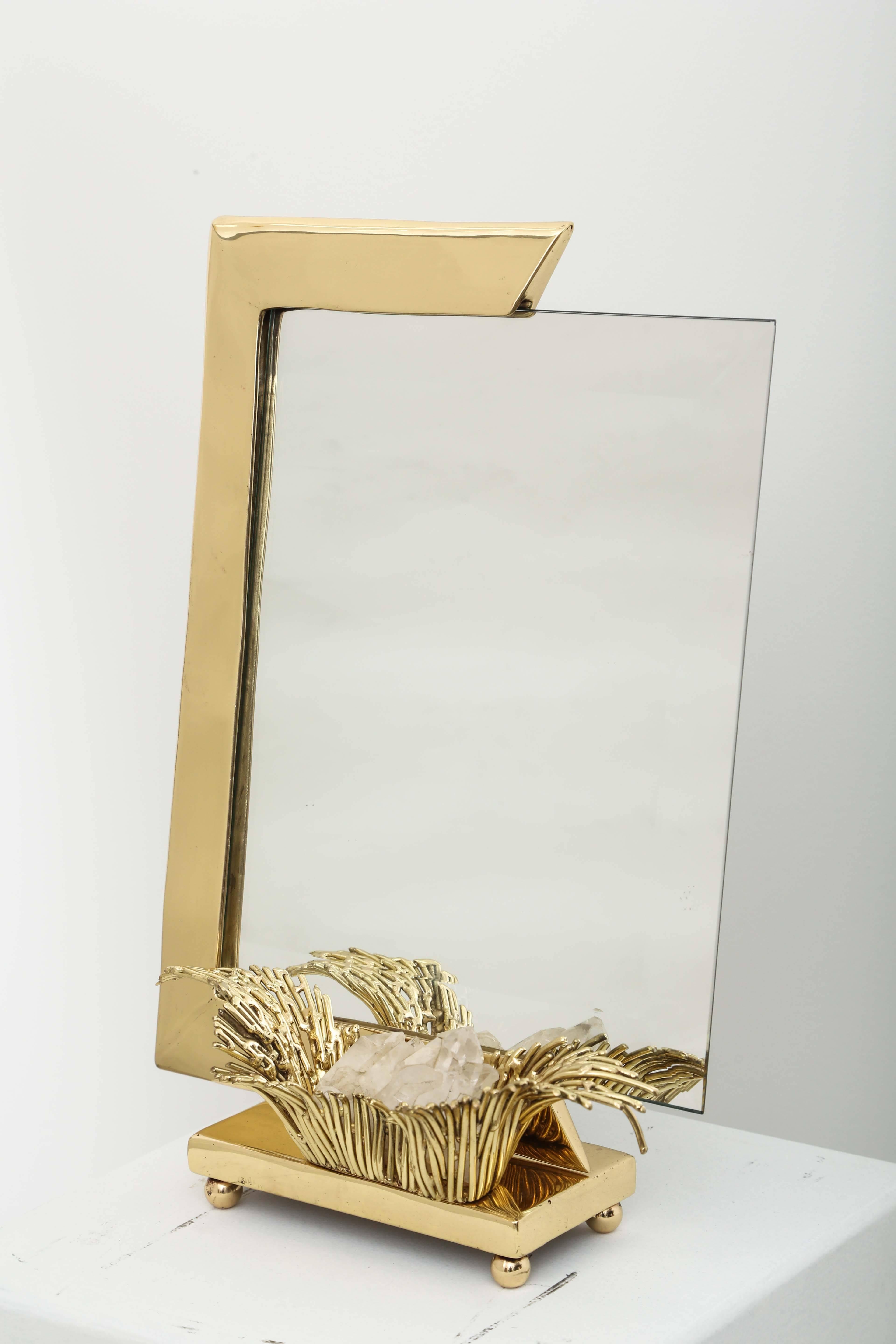 Refined and elegant sculpture Table Mirror by J. Duval Brasseur.
A  bronze nest stands on the front part, a rock crystal géode inside  .
a unic piece signed by the artist.
Bevelled mirror standing in a assimetric way.
   