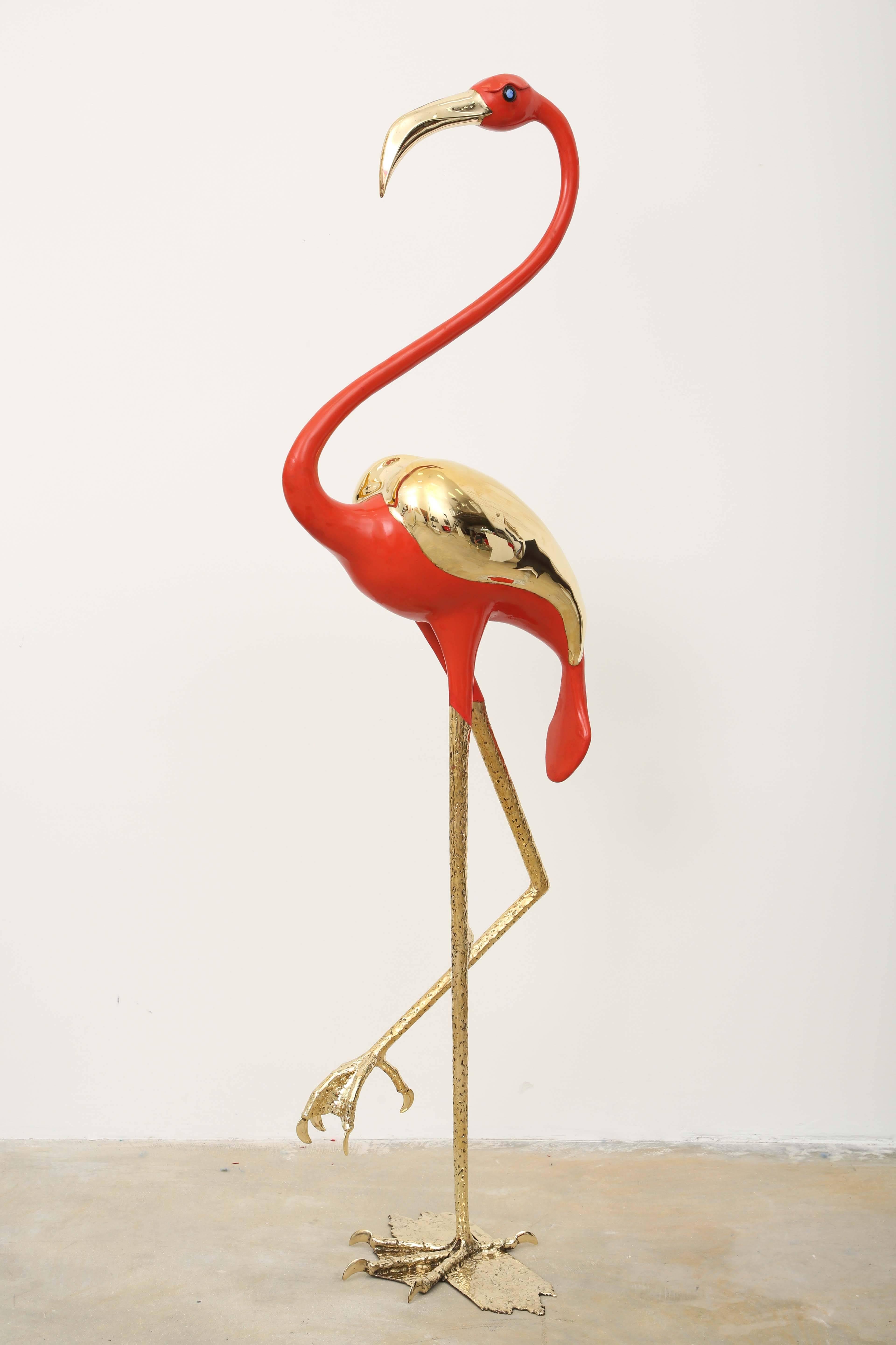 Signed and certified unique piece by J. Duval Brasseur very refined and elegant sculpture. Light coral orange lacquer body, gilt bronze legs and base.
Life size sculpture representing a tall flamingo in its most elegant and distinguish way
the