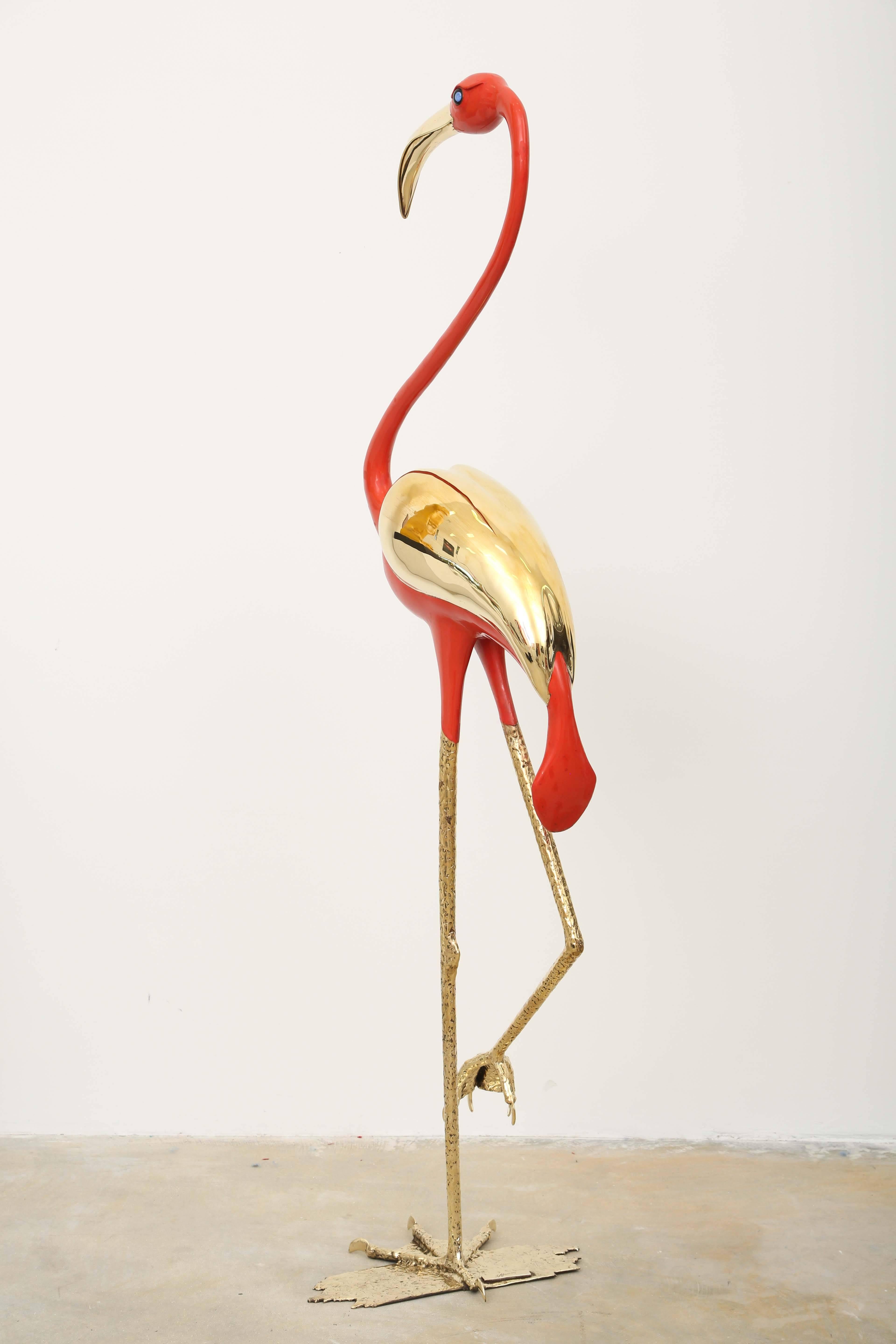 Bronze and Lacquered Flamingo Signed Sculpture by J. Duval Brasseur In Excellent Condition In Miami, FL