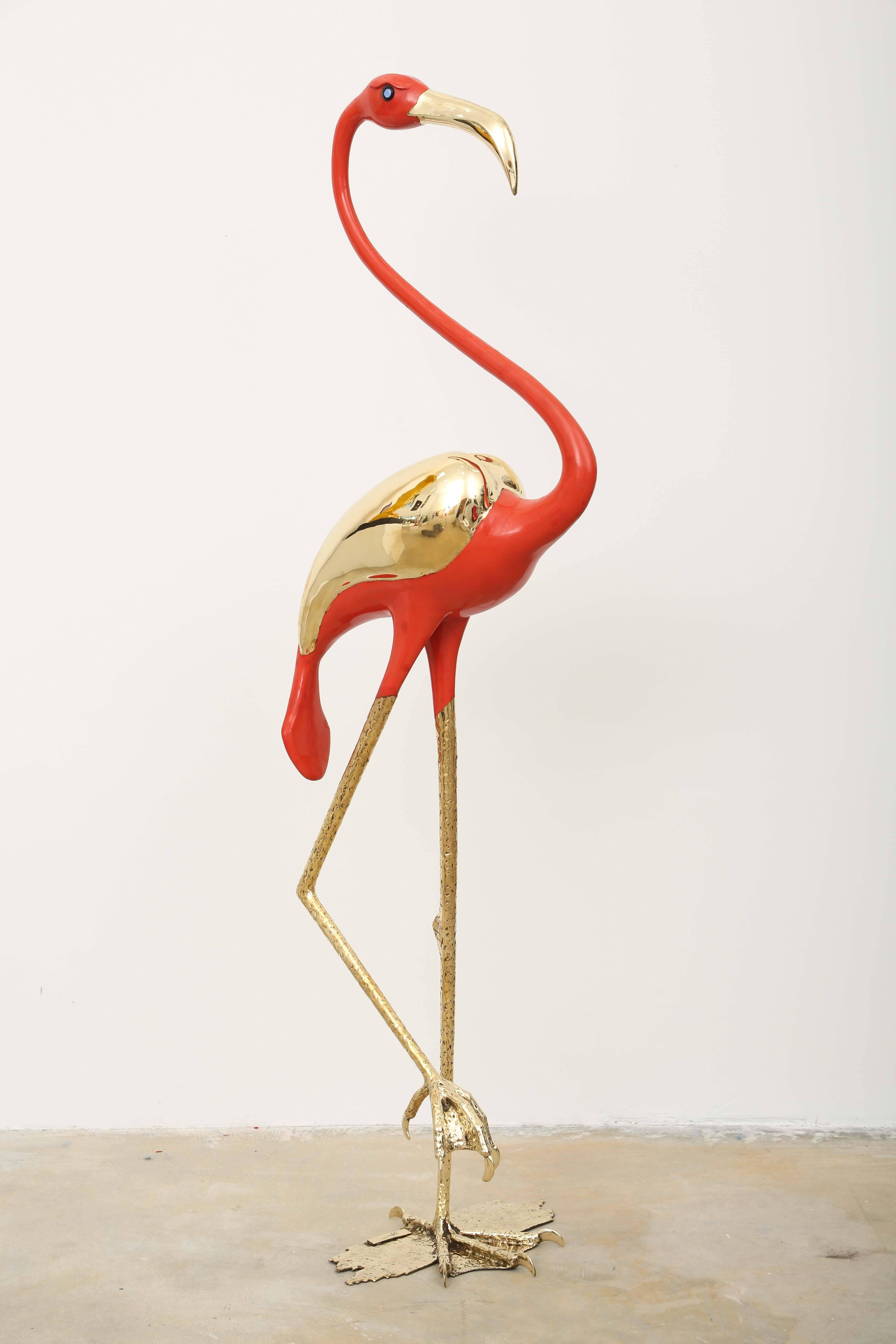 20th Century Bronze and Lacquered Flamingo Signed Sculpture by J. Duval Brasseur