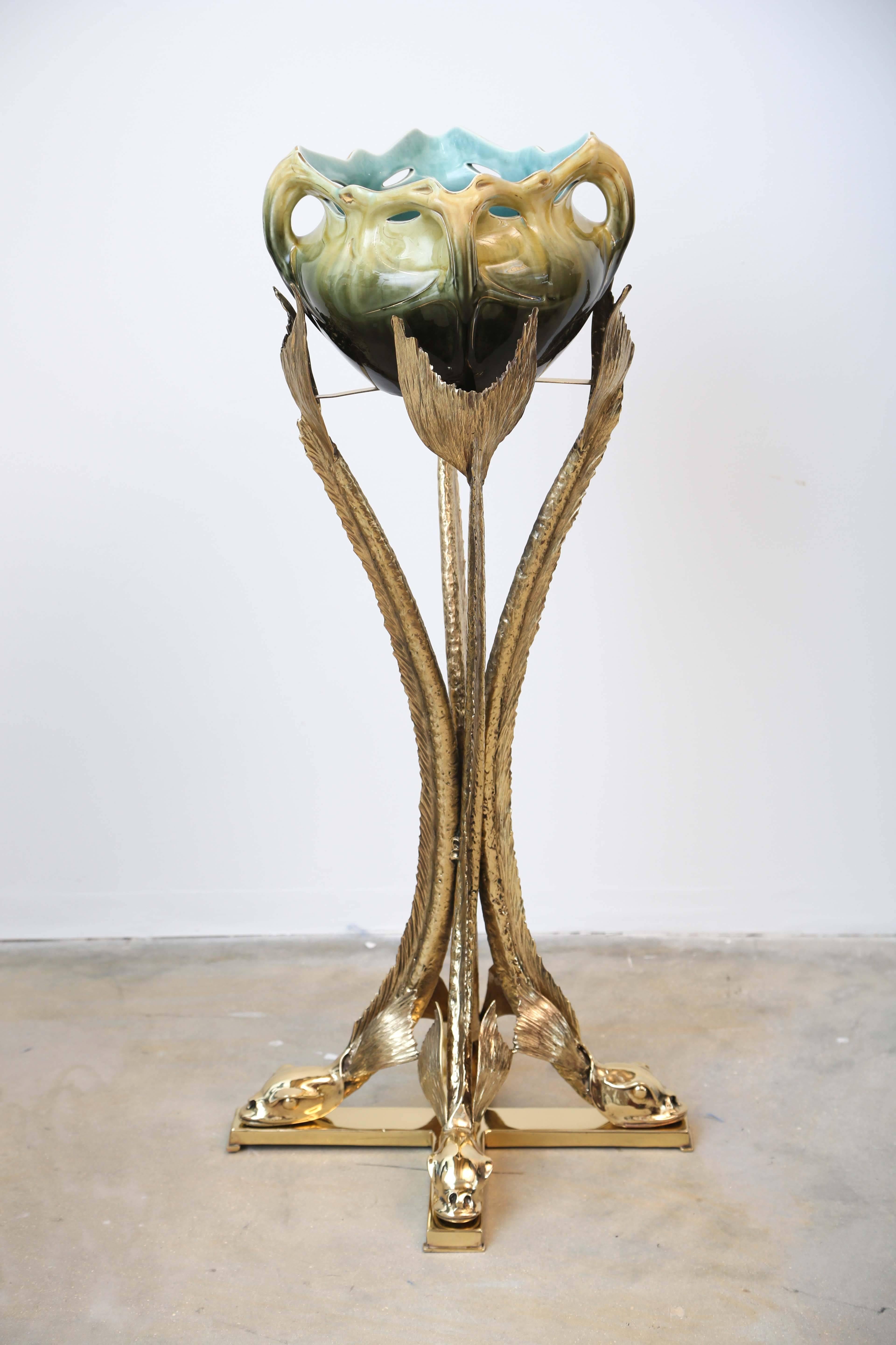 French Bronze Sculpture Planter by Jacques Duval Brasseur Dolphins Supporting the Vase
