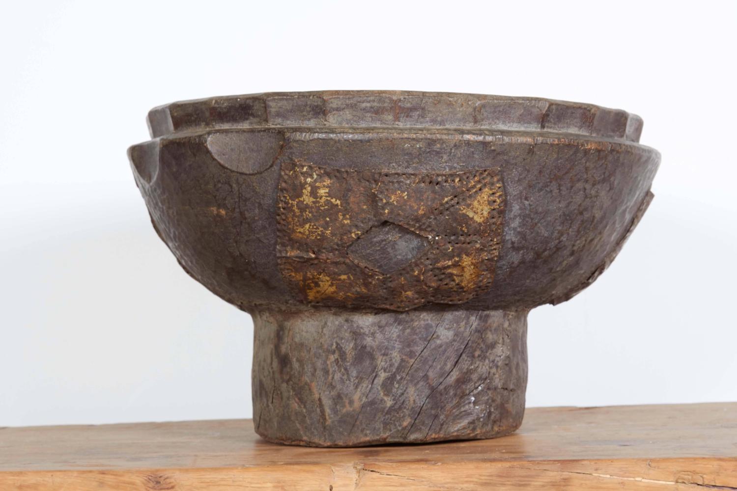 Heavy Antique Wood and Metal Primitive West African Bowl For Sale at